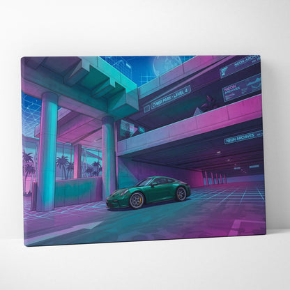 Porsche 911 GT3 Inspired Vaporwave Car Canvas - Car Neon Blues Purple Teal Living Room Vaporwave Futurism Mood Nostalgic Vaporwave Canvas