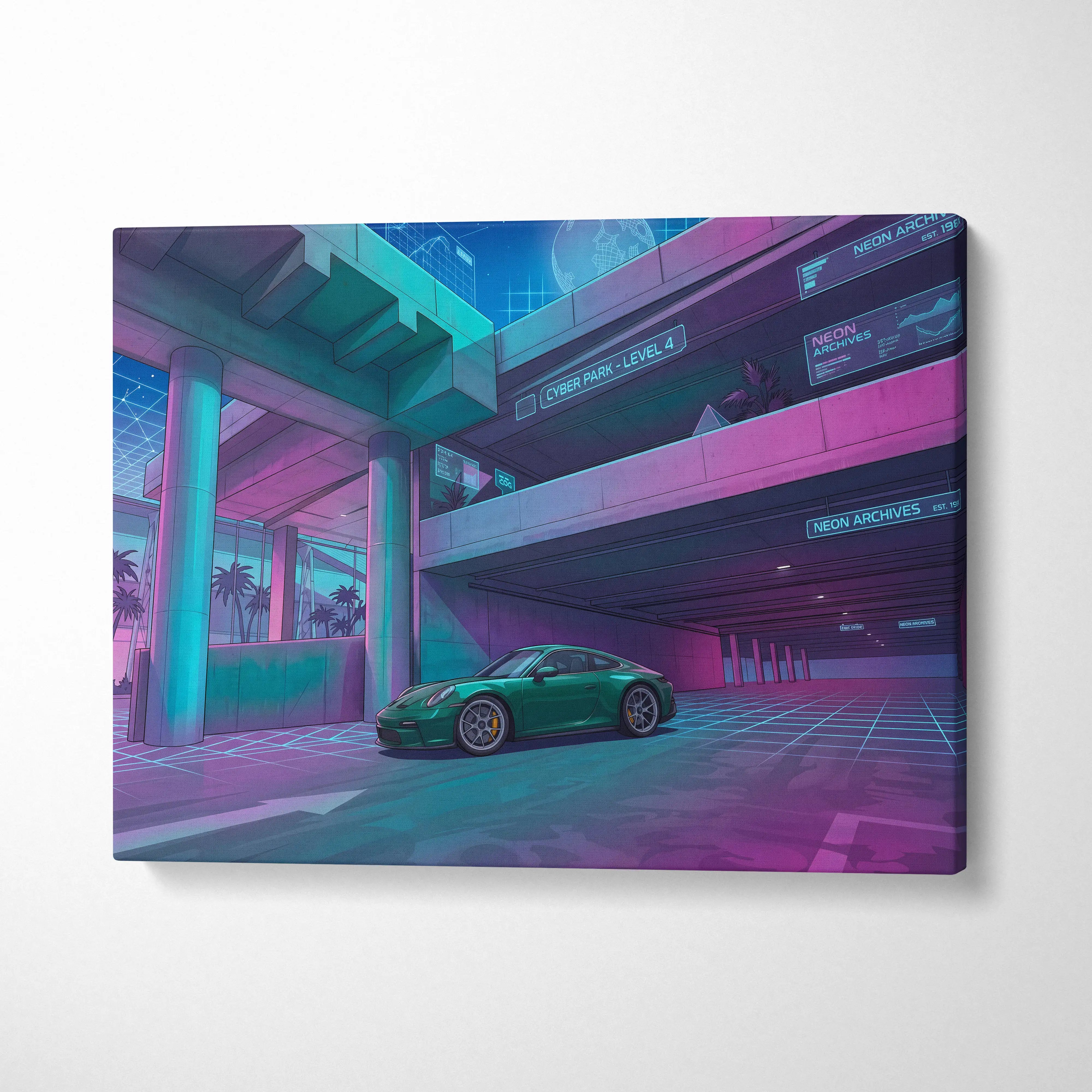 A vibrant neon pink and teal canvas print of a green porsche 911 gt3 under illuminated archways for vaporwave decor