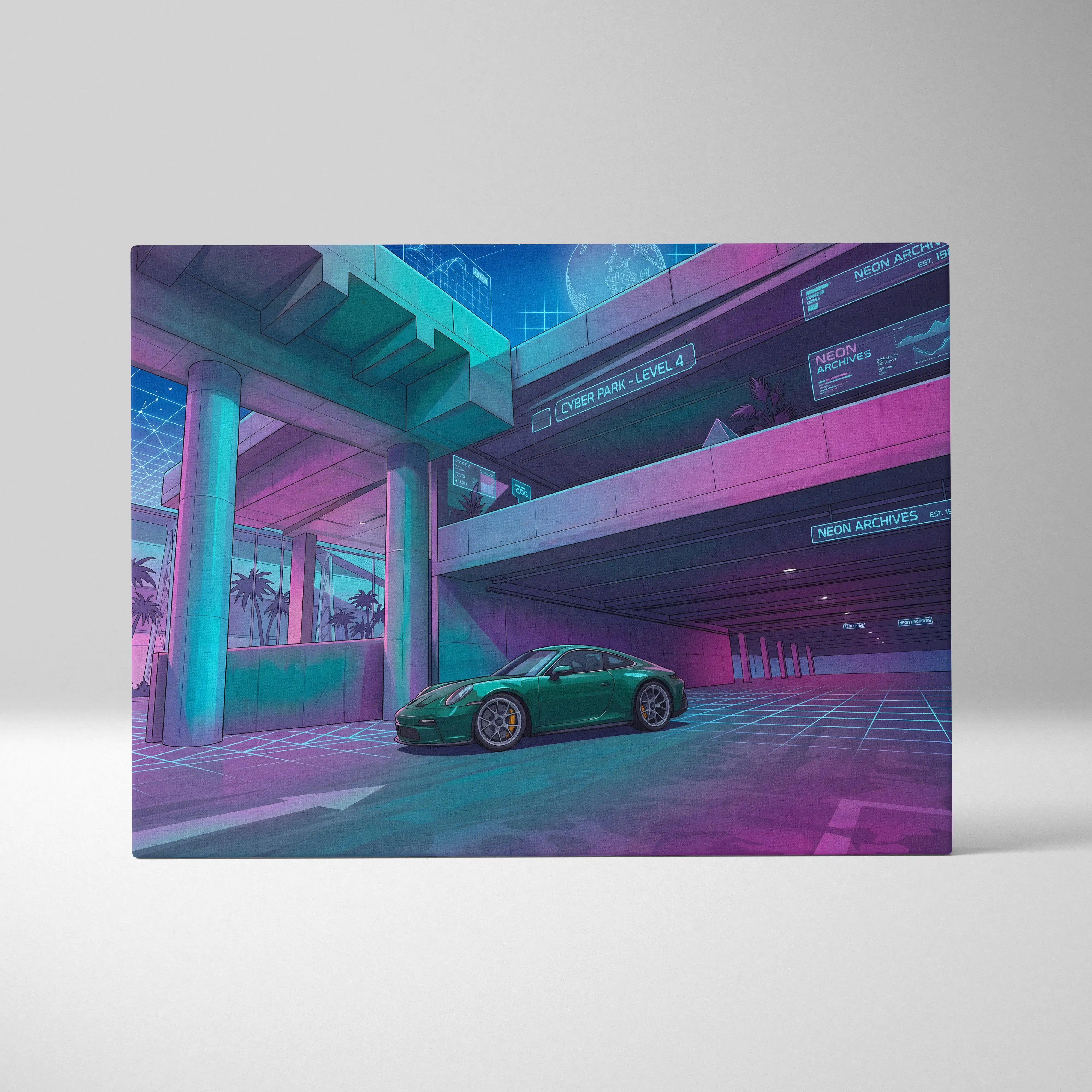 A sleek green porsche 911 gt3 inspired vaporwave car canvas with gold wheels under neon futuristic overpasses