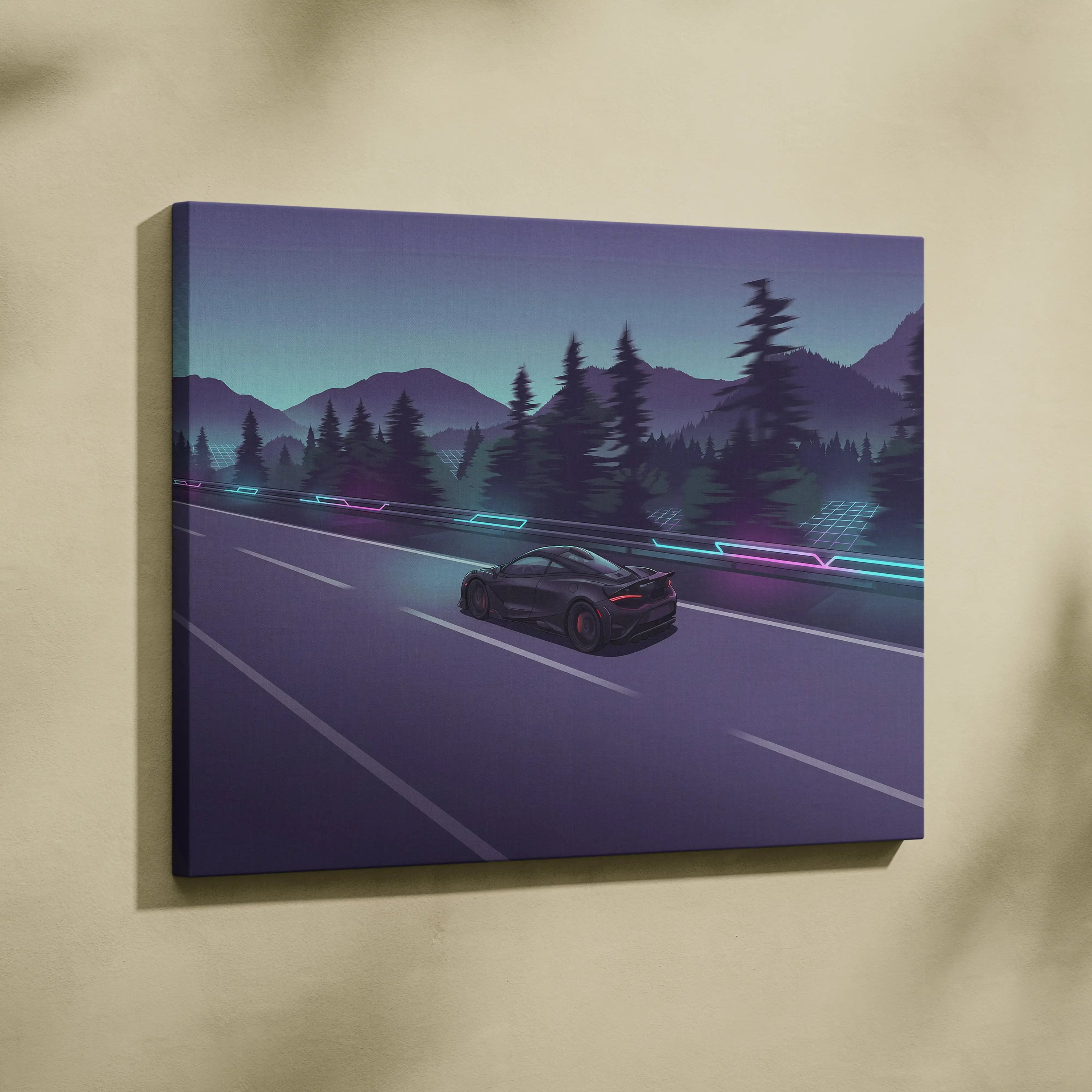 McLaren 765LT Inspired Vaporwave Car Canvas - Vaporwave Car Purple Teal Living Room Retro Futurism Mood Neon Wall Art