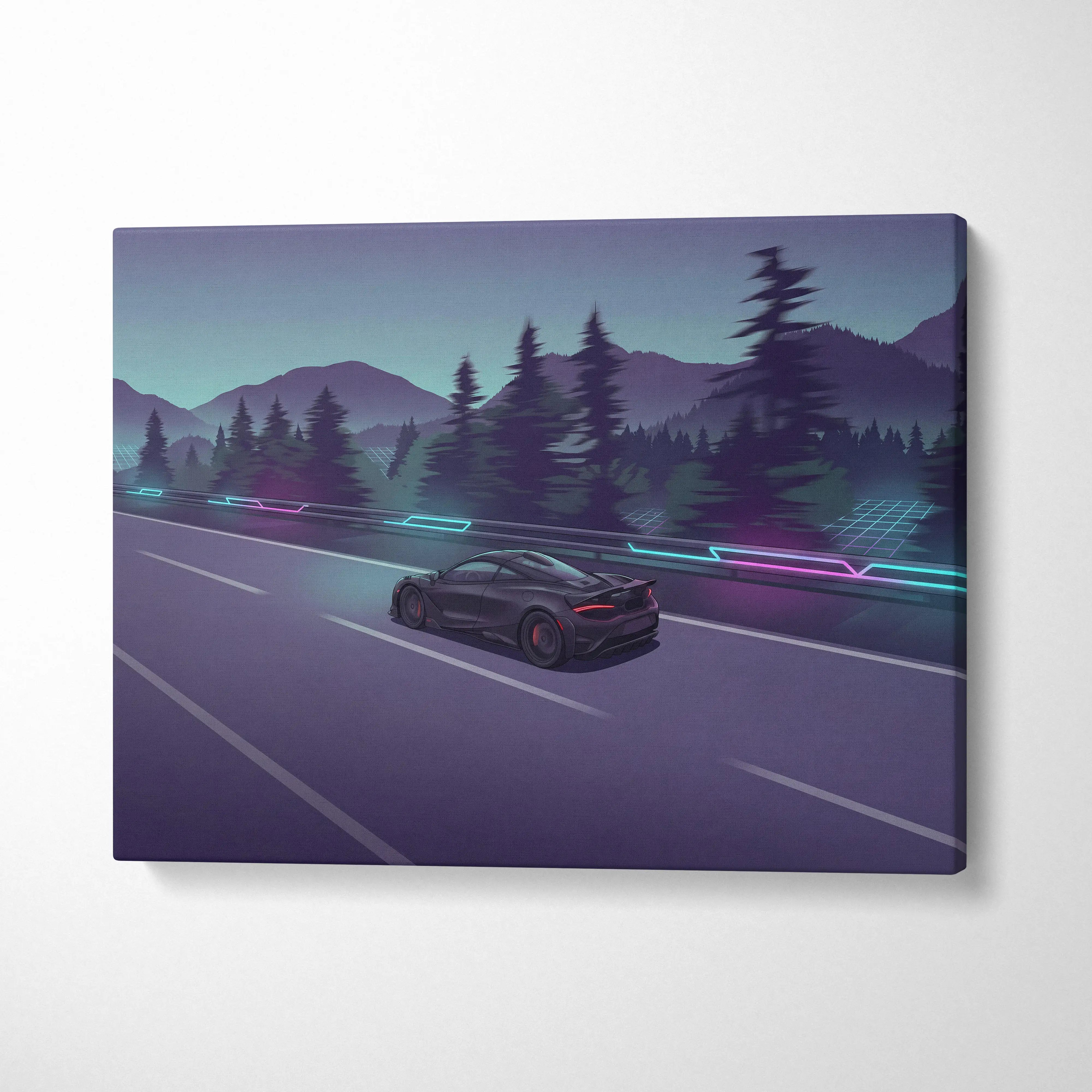 Nebula-themed vaporwave car canvas print featuring a black mclaren 765lt on a neon futuristic highway with mountains
