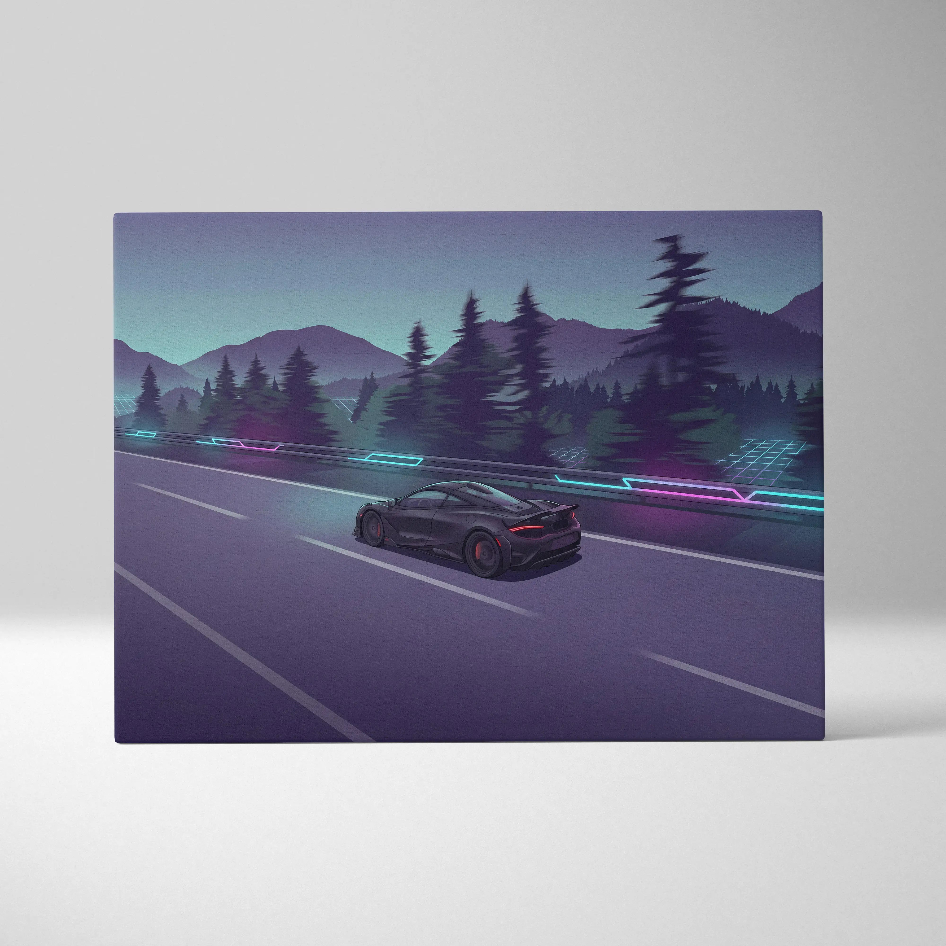 Nebula-toned vaporwave canvas featuring a sleek black mclaren 765lt speeding on a neon highway with purple teal hues