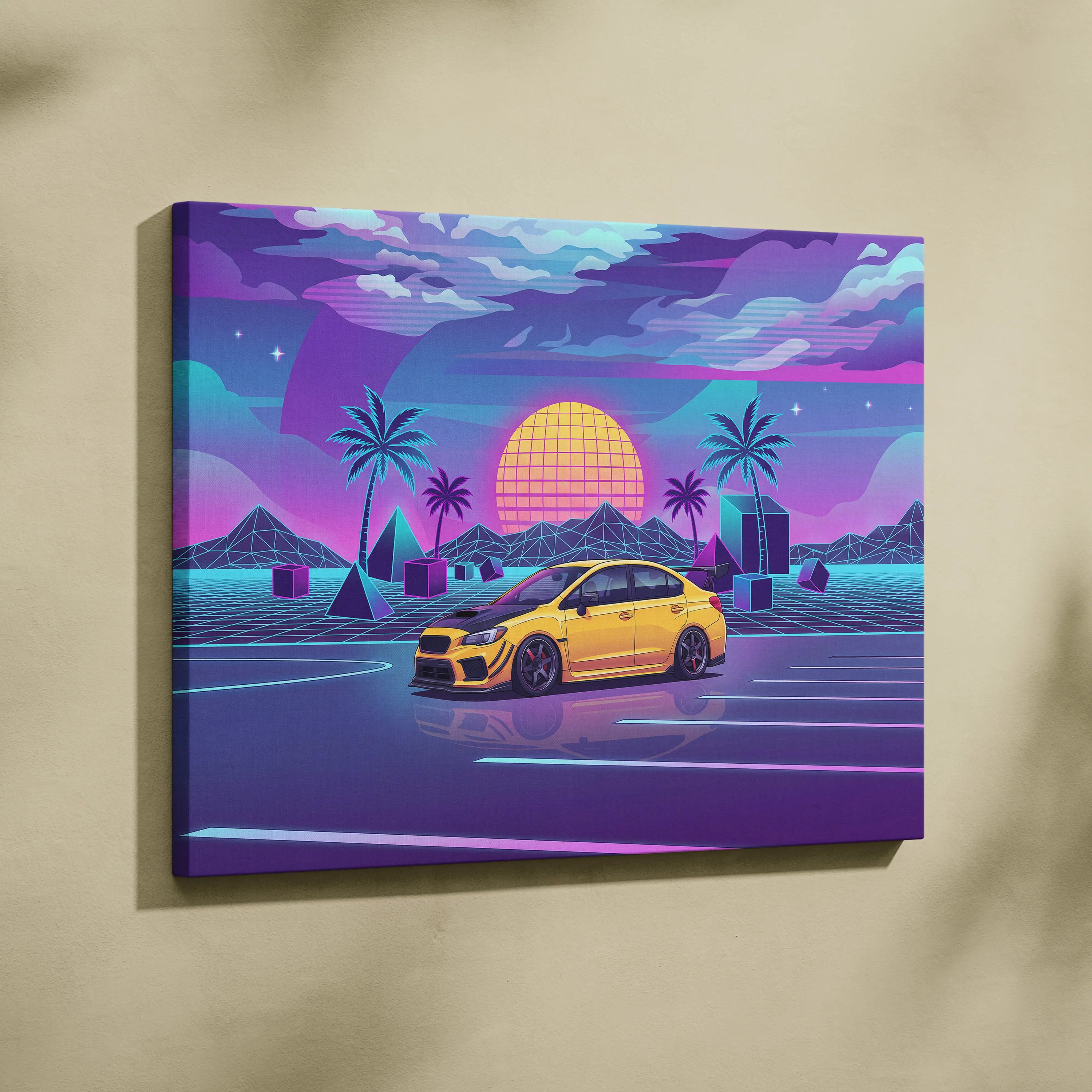 Subaru WRX STI Inspired Neon Vaporwave Sunset Dream - Car Artwork Neon Pink Purple Blue Room Vaporwave Nostalgic Canvas