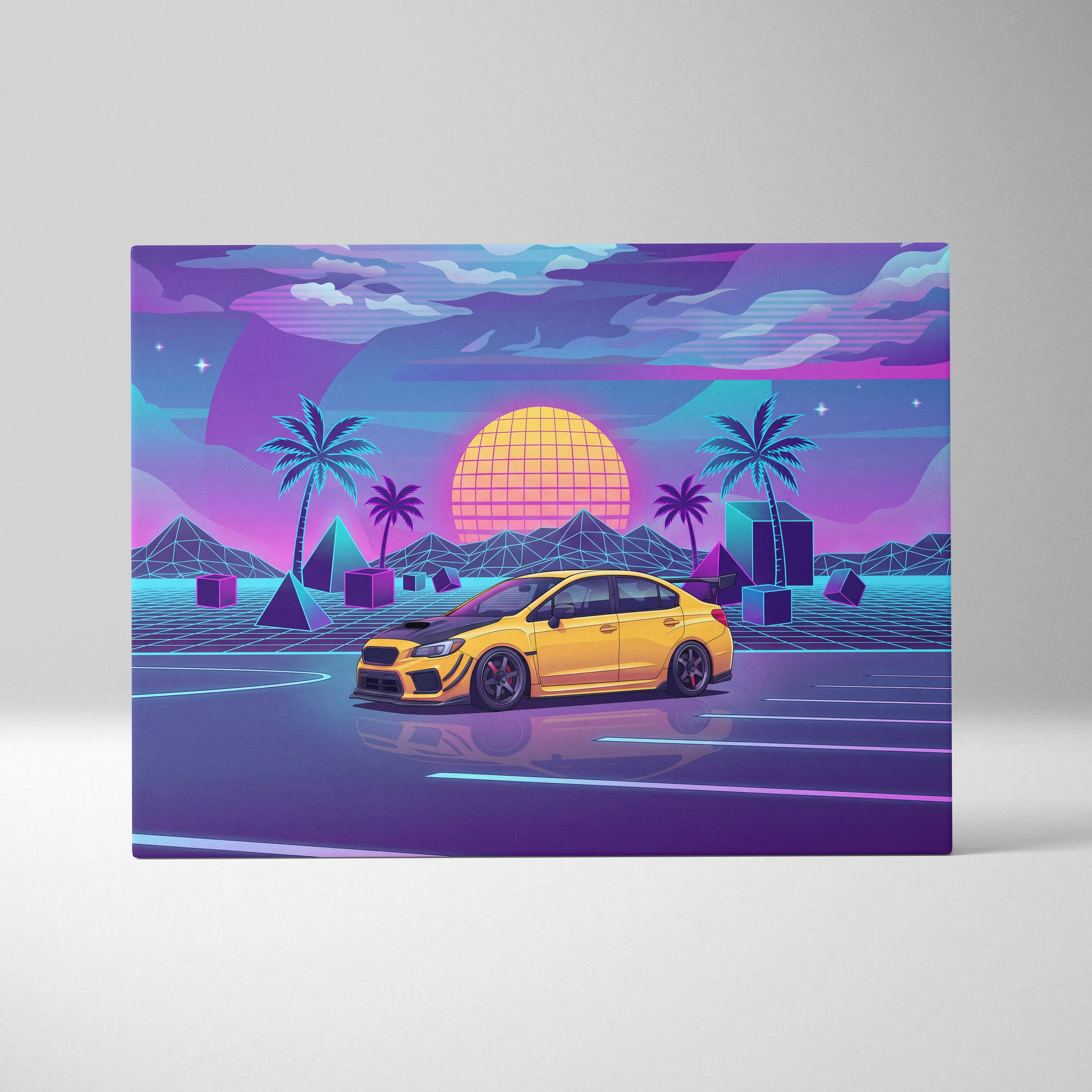 Subaru WRX STI Inspired Neon Vaporwave Sunset Dream - Car Artwork Neon Pink Purple Blue Room Vaporwave Nostalgic Canvas
