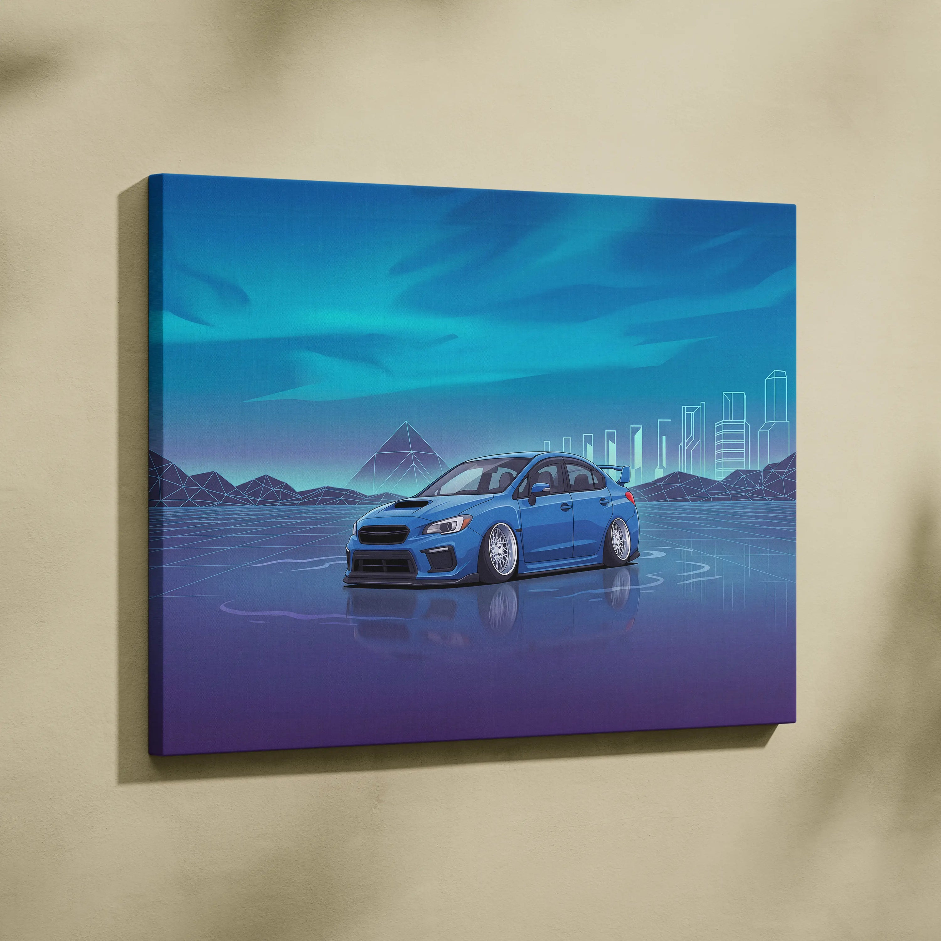 Slammed Subaru WRX STI Inspired Neon Vaporwave Car Canvas - Car Art, Neon Blues, Living Room Decor, Vaporwave