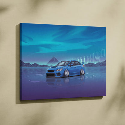 Slammed Subaru WRX STI Inspired Neon Vaporwave Car Canvas - Car Art, Neon Blues, Living Room Decor, Vaporwave
