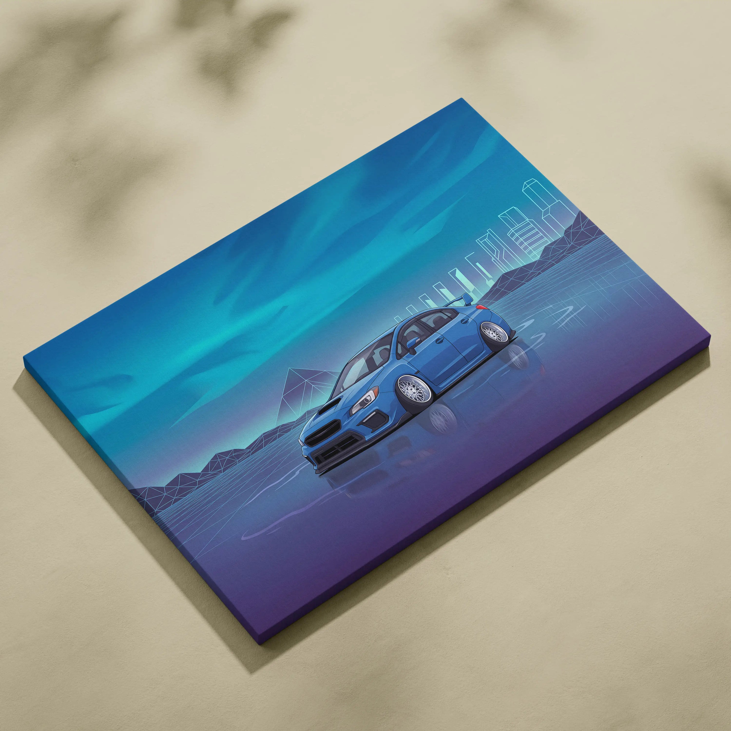 Slammed Subaru WRX STI Inspired Neon Vaporwave Car Canvas - Car Art, Neon Blues, Living Room Decor, Vaporwave