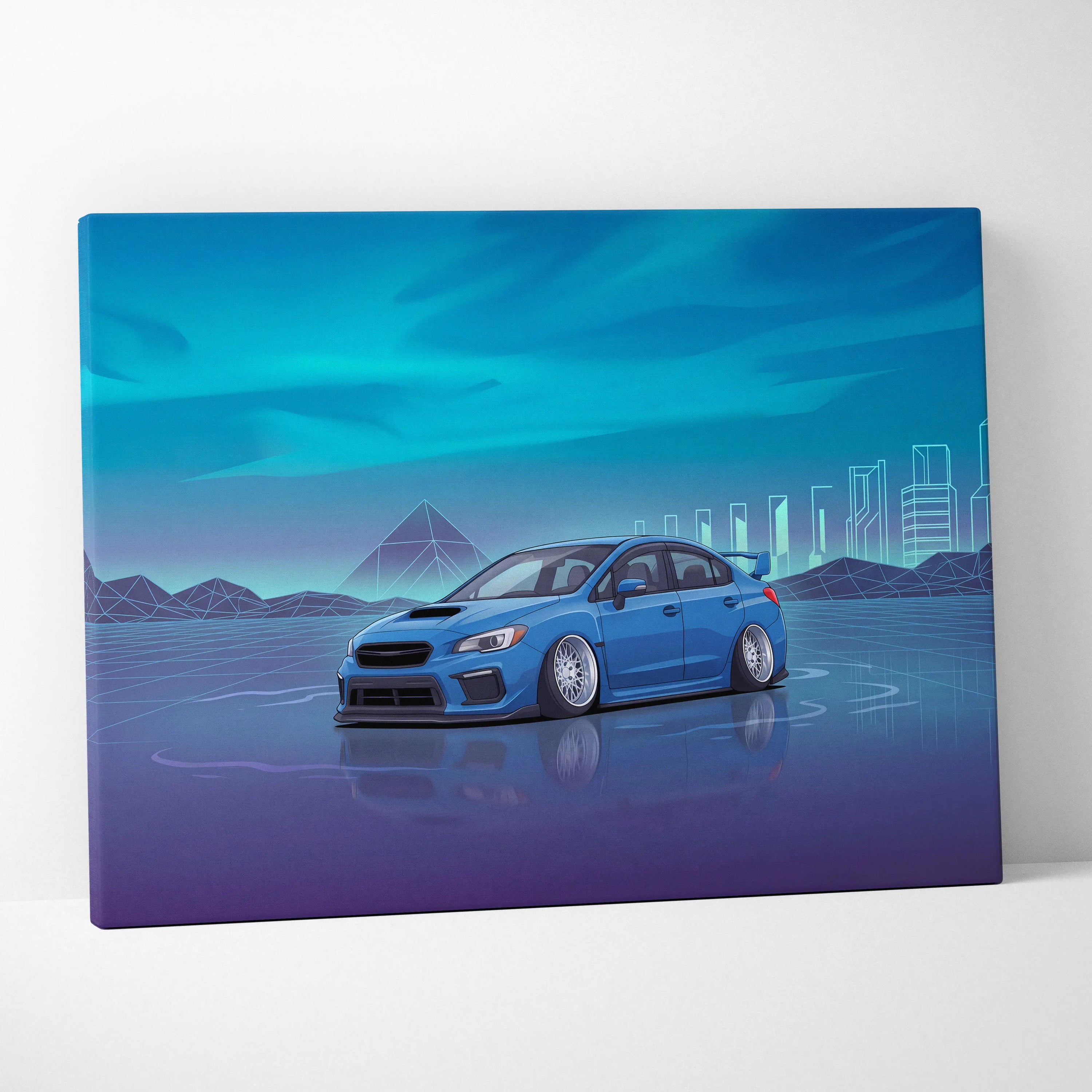 Slammed Subaru WRX STI Inspired Neon Vaporwave Car Canvas - Car Art, Neon Blues, Living Room Decor, Vaporwave