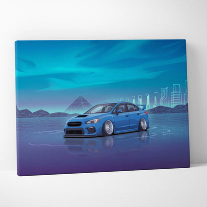 Slammed Subaru WRX STI Inspired Neon Vaporwave Car Canvas - Car Art, Neon Blues, Living Room Decor, Vaporwave