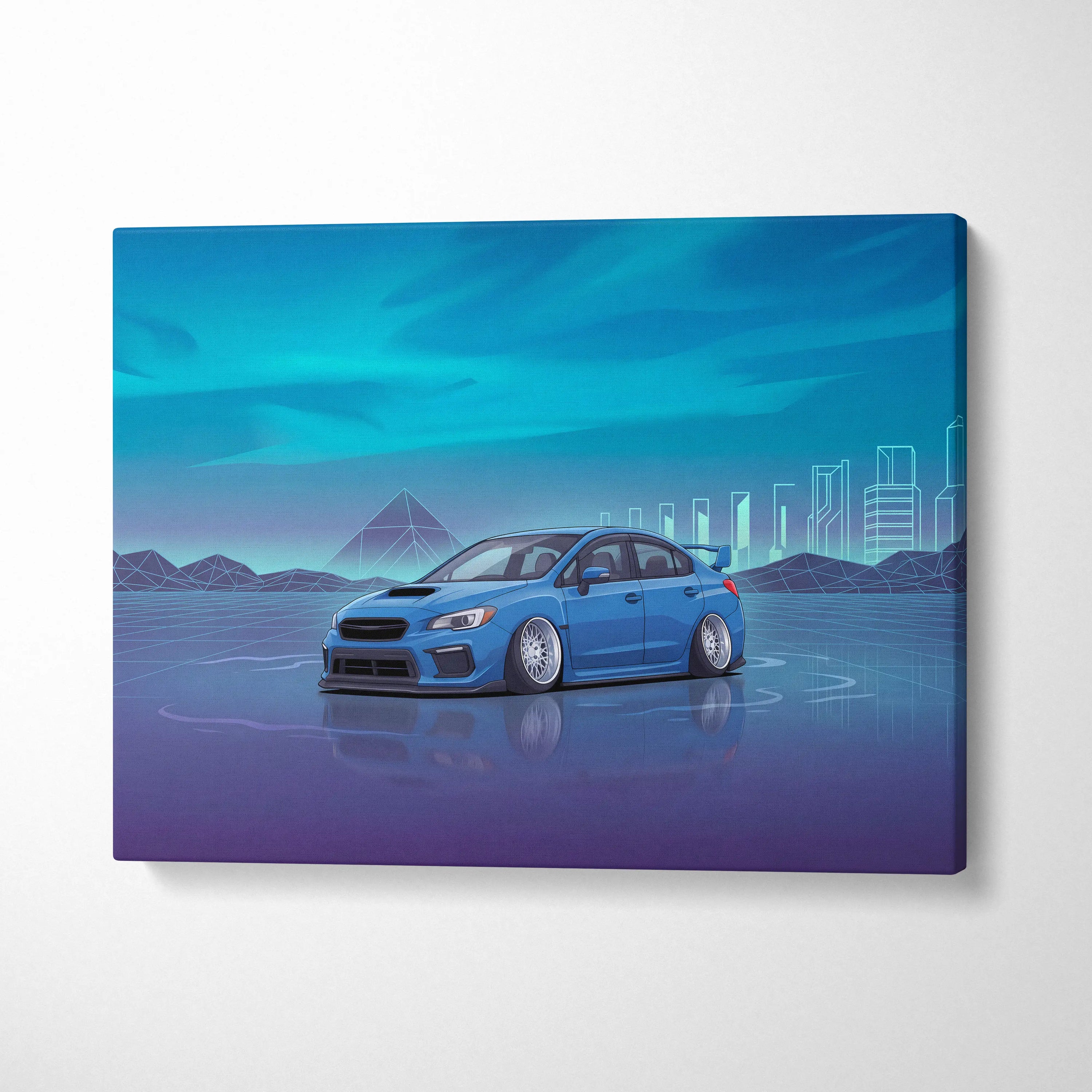 Slammed Subaru WRX STI Inspired Neon Vaporwave Car Canvas - Car Art, Neon Blues, Living Room Decor, Vaporwave