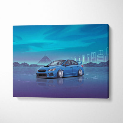 Slammed Subaru WRX STI Inspired Neon Vaporwave Car Canvas - Car Art, Neon Blues, Living Room Decor, Vaporwave