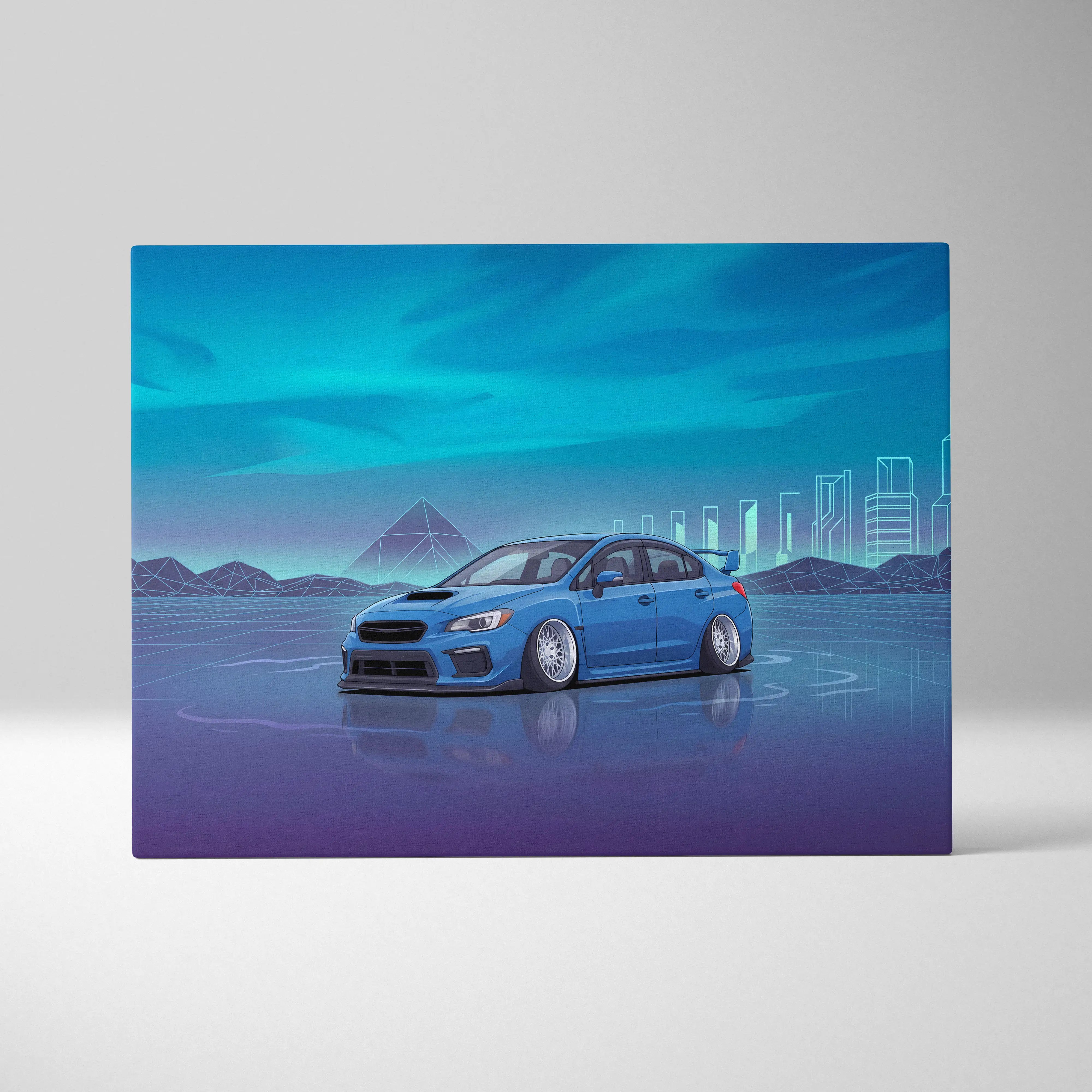 Stylized digital art canvas of a blue slammed subaru wrx sti with neon cityscape and pyramid for living room decor