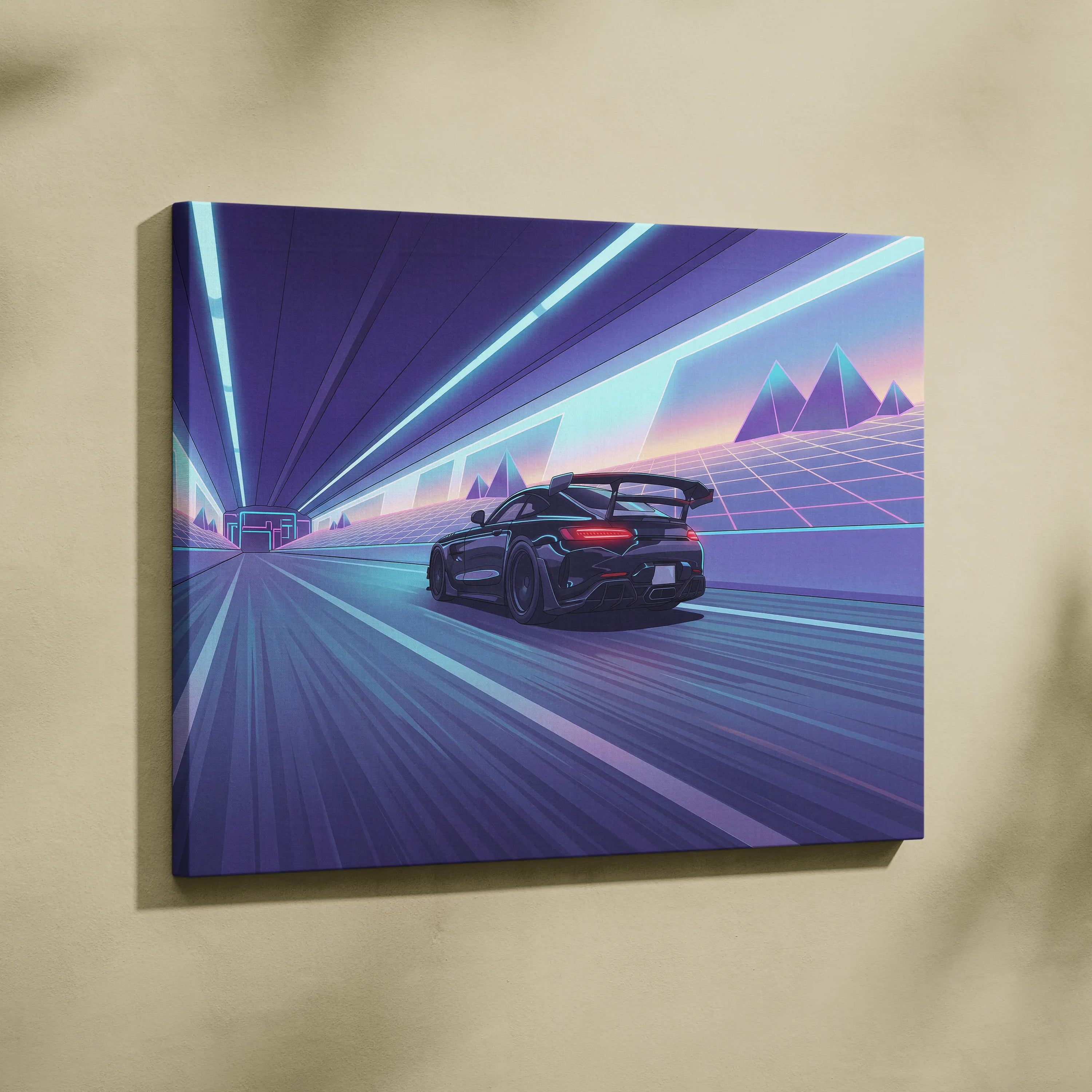 Mercedes AMG GTR Inspired Vaporwave Car Canvas - Vaporwave Car Purple Blue Neon Living Room Retro Futurism Neon Nostalgia Vaporwave Canvas