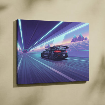Mercedes AMG GTR Inspired Vaporwave Car Canvas - Vaporwave Car Purple Blue Neon Living Room Retro Futurism Neon Nostalgia Vaporwave Canvas