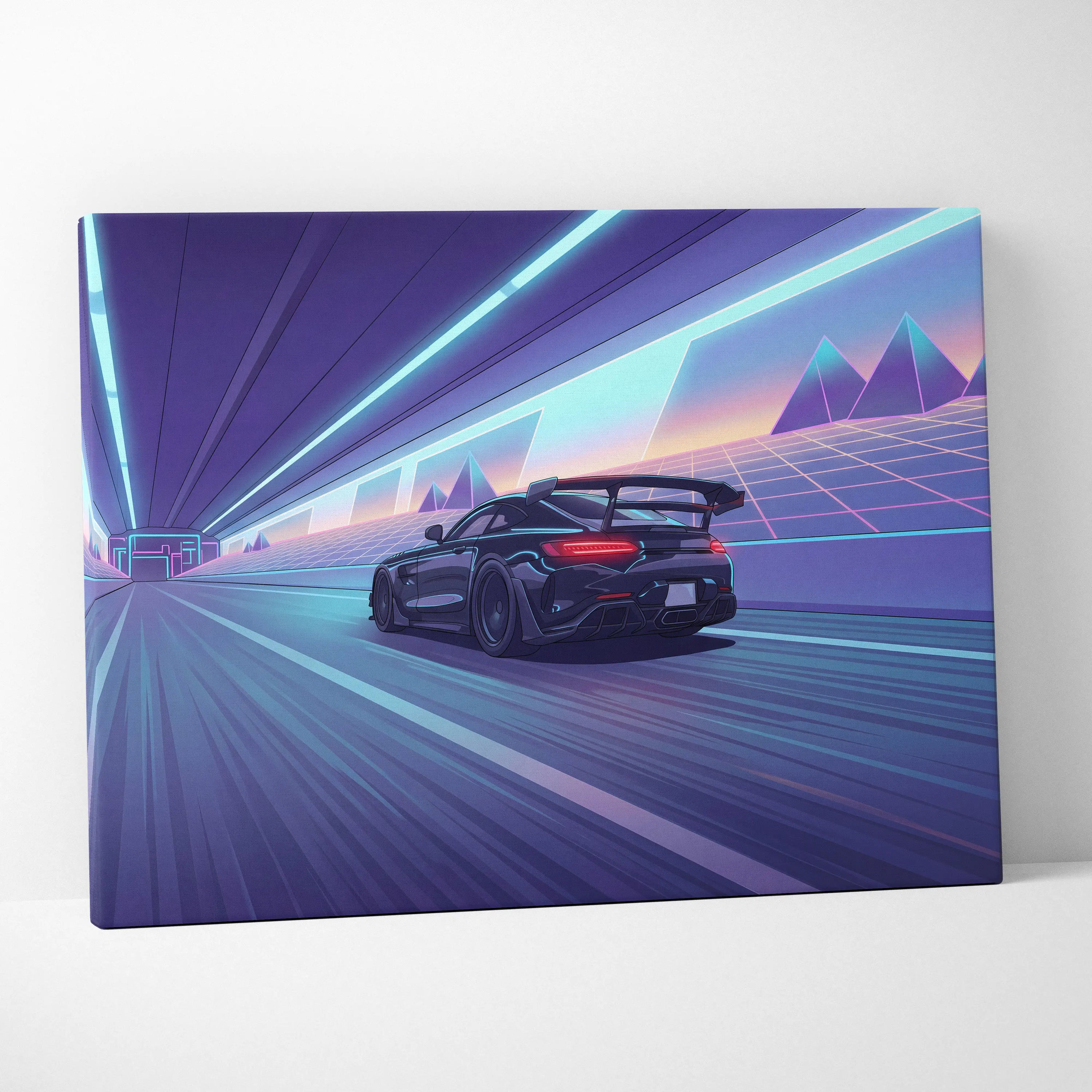 Mercedes AMG GTR Inspired Vaporwave Car Canvas - Vaporwave Car Purple Blue Neon Living Room Retro Futurism Neon Nostalgia Vaporwave Canvas