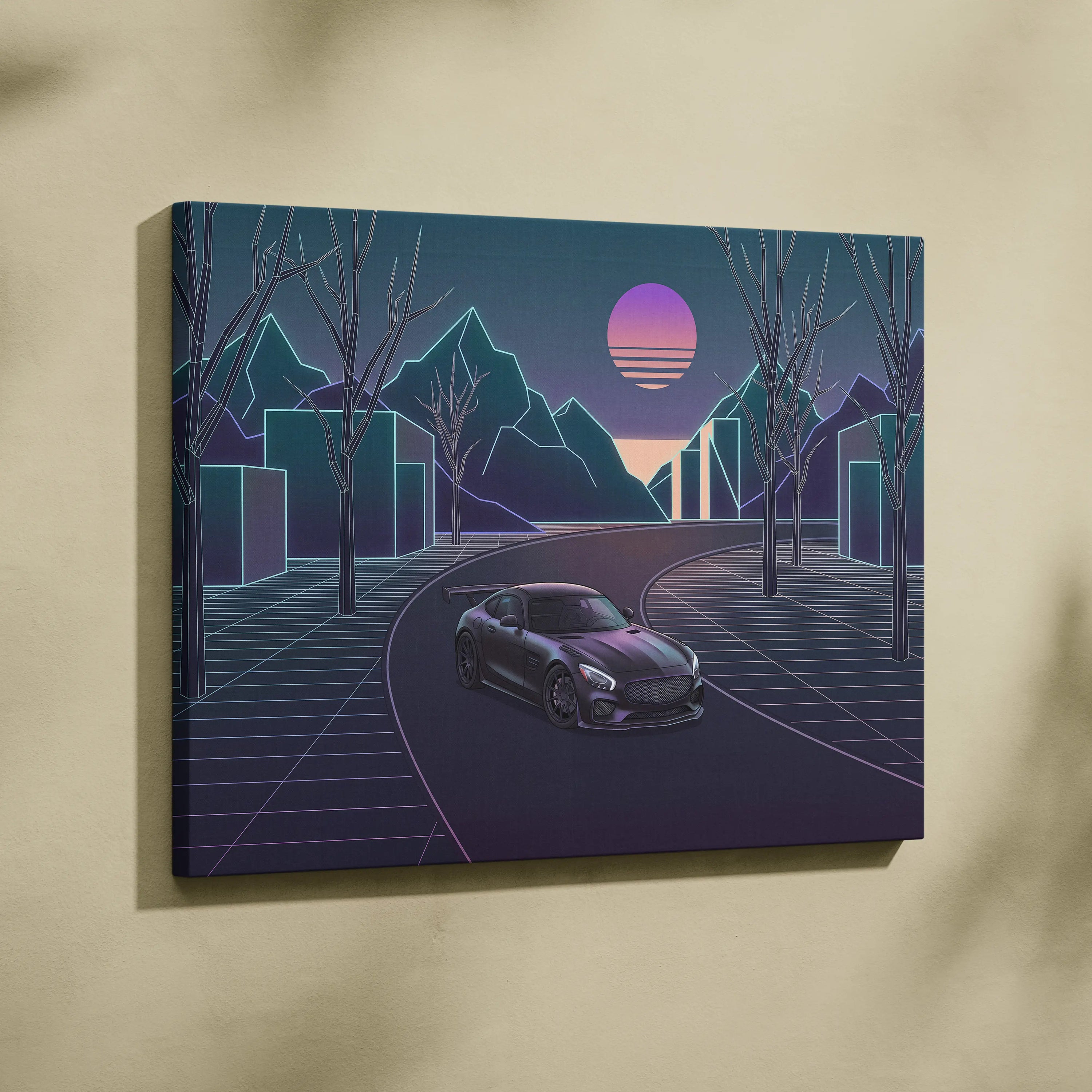 Mercedes AMG GTR Inspired Neon Sunset Dreamscape - Vaporwave Car Canvas Art Neon Pink Teal For Living Room Retro Futurism