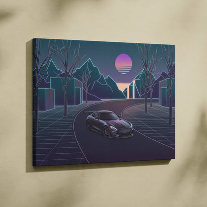 Mercedes AMG GTR Inspired Neon Sunset Dreamscape - Vaporwave Car Canvas Art Neon Pink Teal For Living Room Retro Futurism