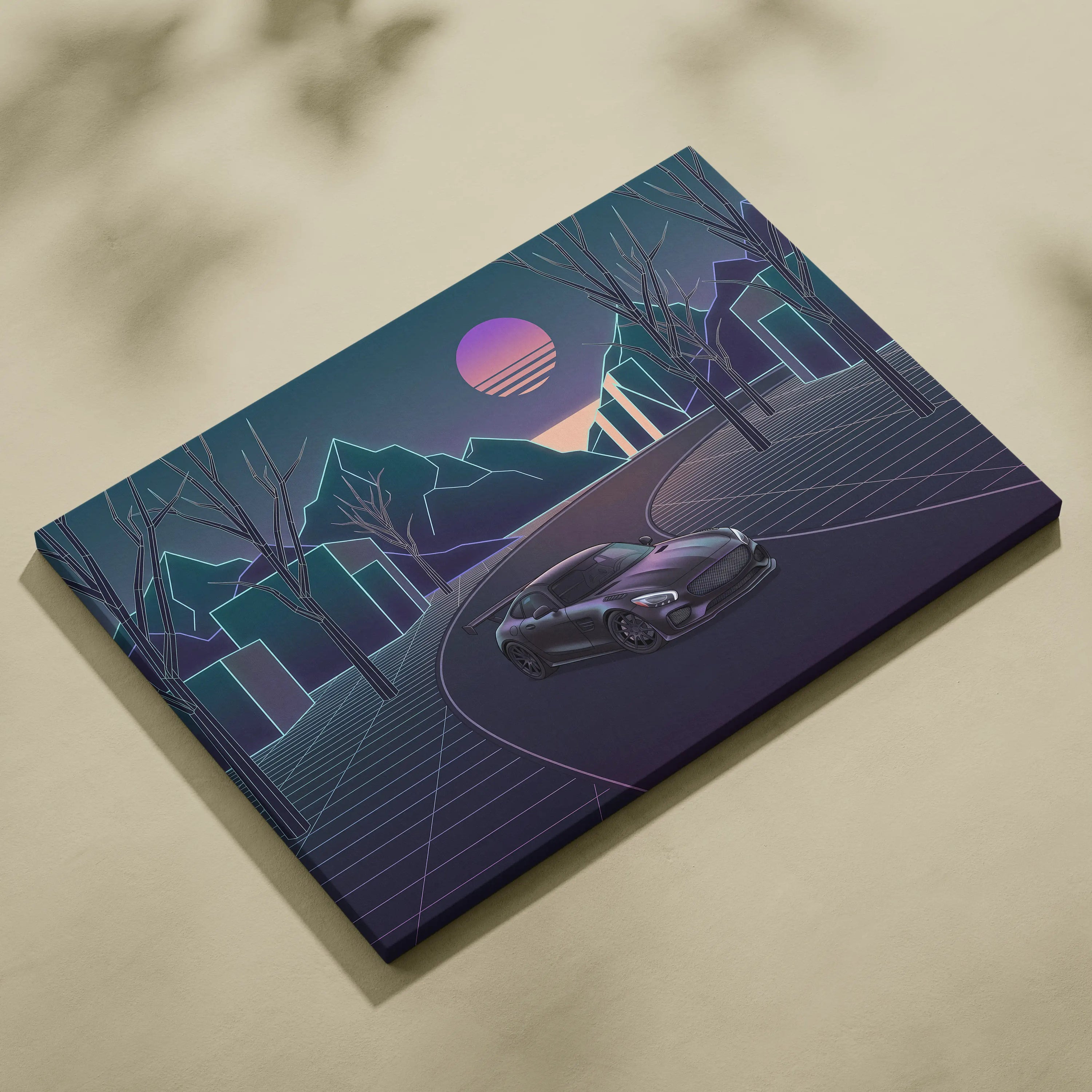 Mercedes AMG GTR Inspired Neon Sunset Dreamscape - Vaporwave Car Canvas Art Neon Pink Teal For Living Room Retro Futurism