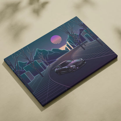Mercedes AMG GTR Inspired Neon Sunset Dreamscape - Vaporwave Car Canvas Art Neon Pink Teal For Living Room Retro Futurism
