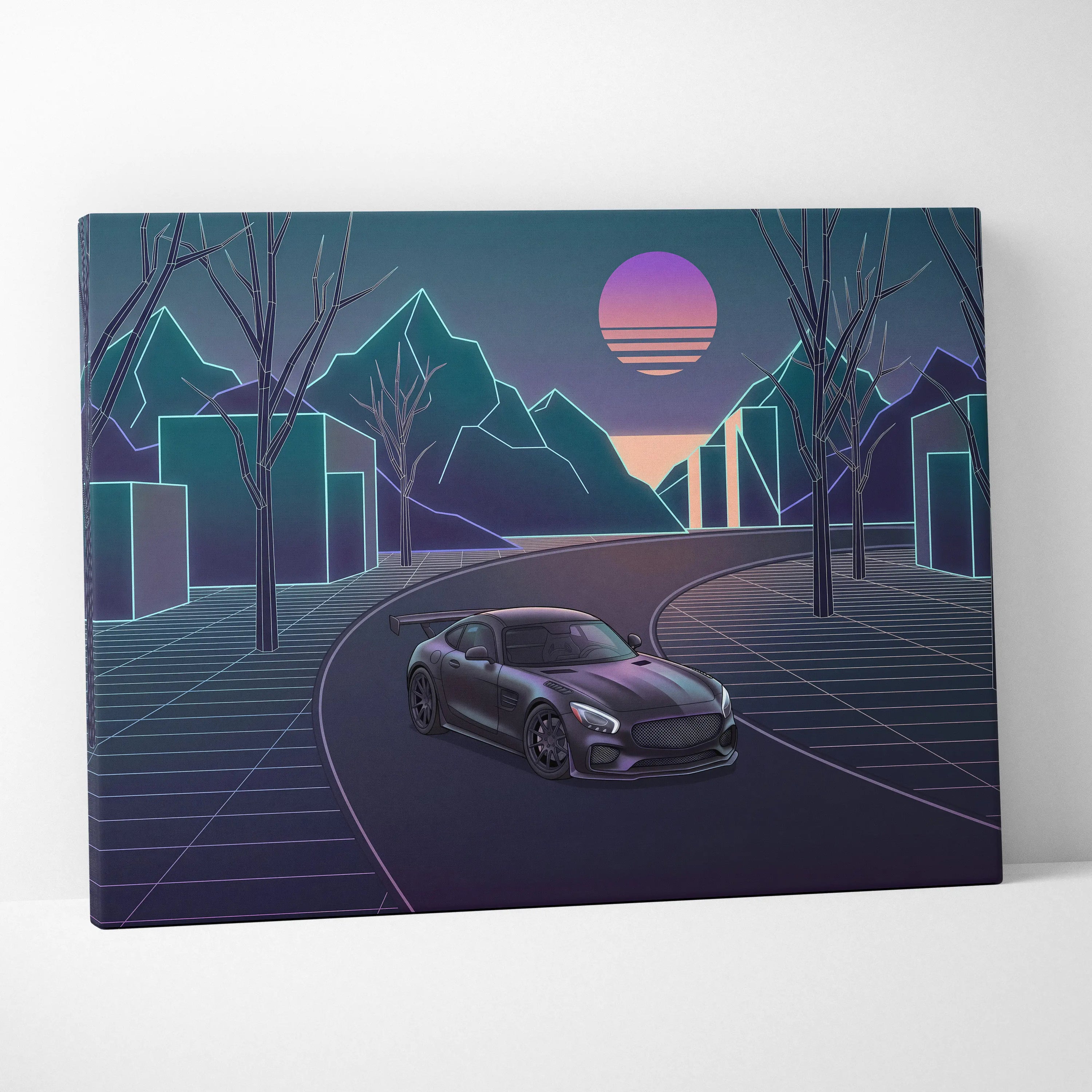 Mercedes AMG GTR Inspired Neon Sunset Dreamscape - Vaporwave Car Canvas Art Neon Pink Teal For Living Room Retro Futurism