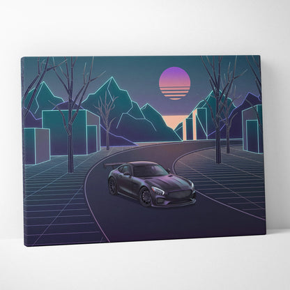 Mercedes AMG GTR Inspired Neon Sunset Dreamscape - Vaporwave Car Canvas Art Neon Pink Teal For Living Room Retro Futurism