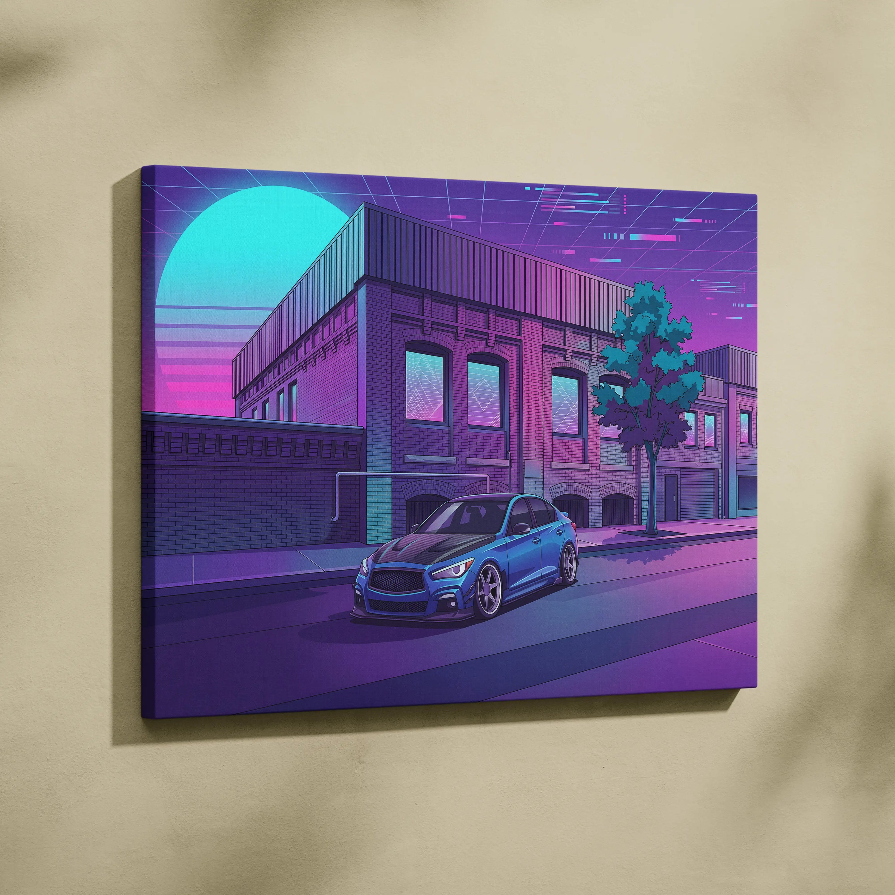 Infiniti Q50 Inspired Vaporwave Car Canvas - Car Neon Blue Purple Living Room Vaporwave Nostalgic Retrofuturism Neon City Wall Art Canvas