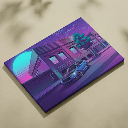 Infiniti Q50 Inspired Vaporwave Car Canvas - Car Neon Blue Purple Living Room Vaporwave Nostalgic Retrofuturism Neon City Wall Art Canvas
