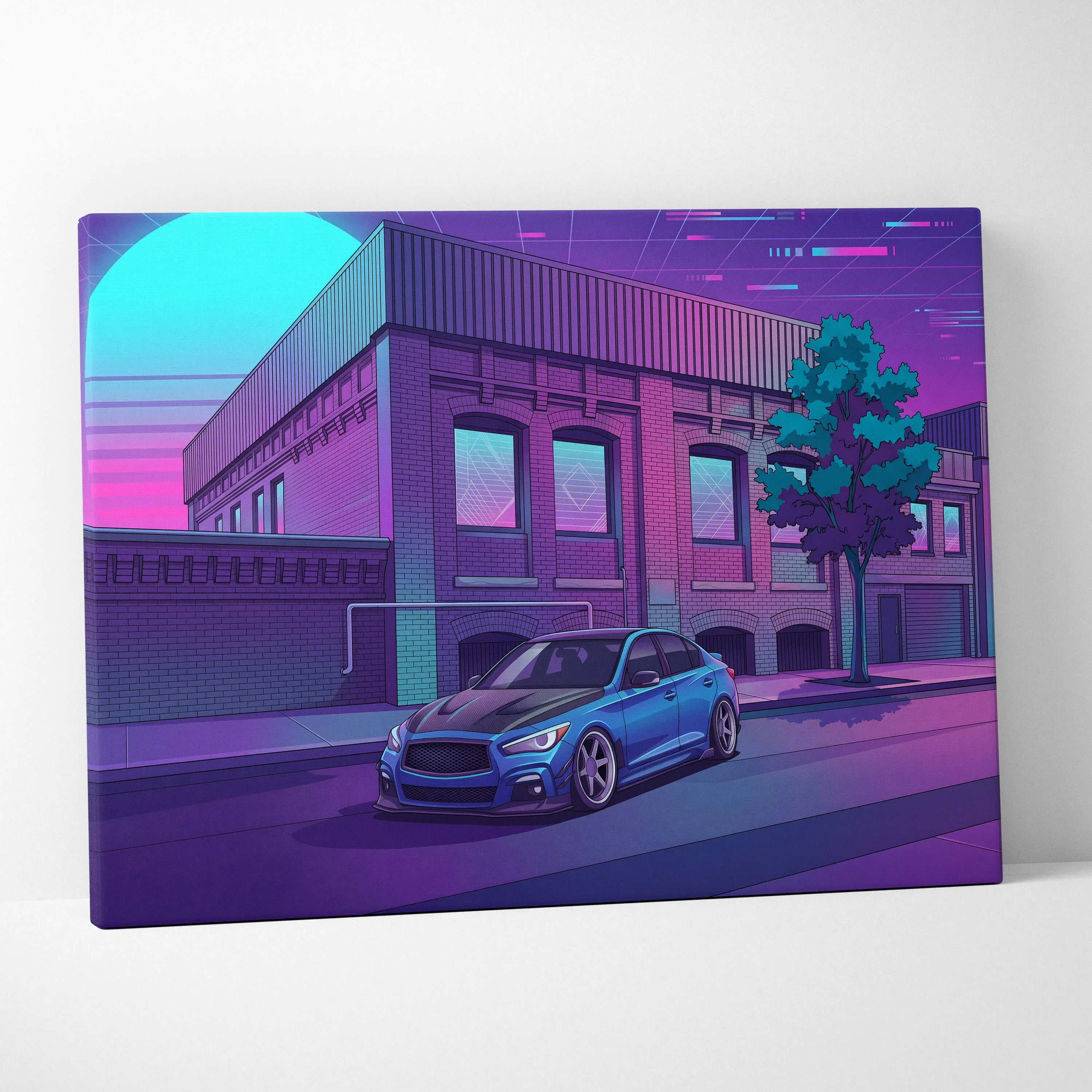 Infiniti Q50 Inspired Vaporwave Car Canvas - Car Neon Blue Purple Living Room Vaporwave Nostalgic Retrofuturism Neon City Wall Art Canvas