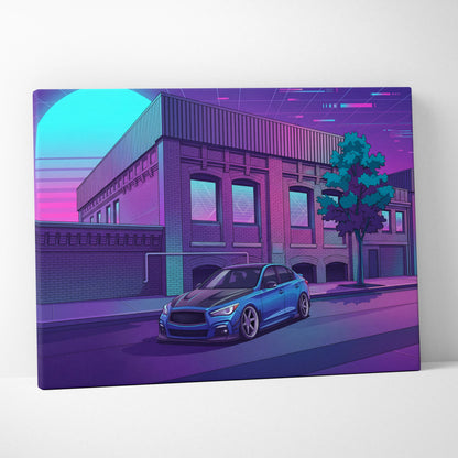 Infiniti Q50 Inspired Vaporwave Car Canvas - Car Neon Blue Purple Living Room Vaporwave Nostalgic Retrofuturism Neon City Wall Art Canvas