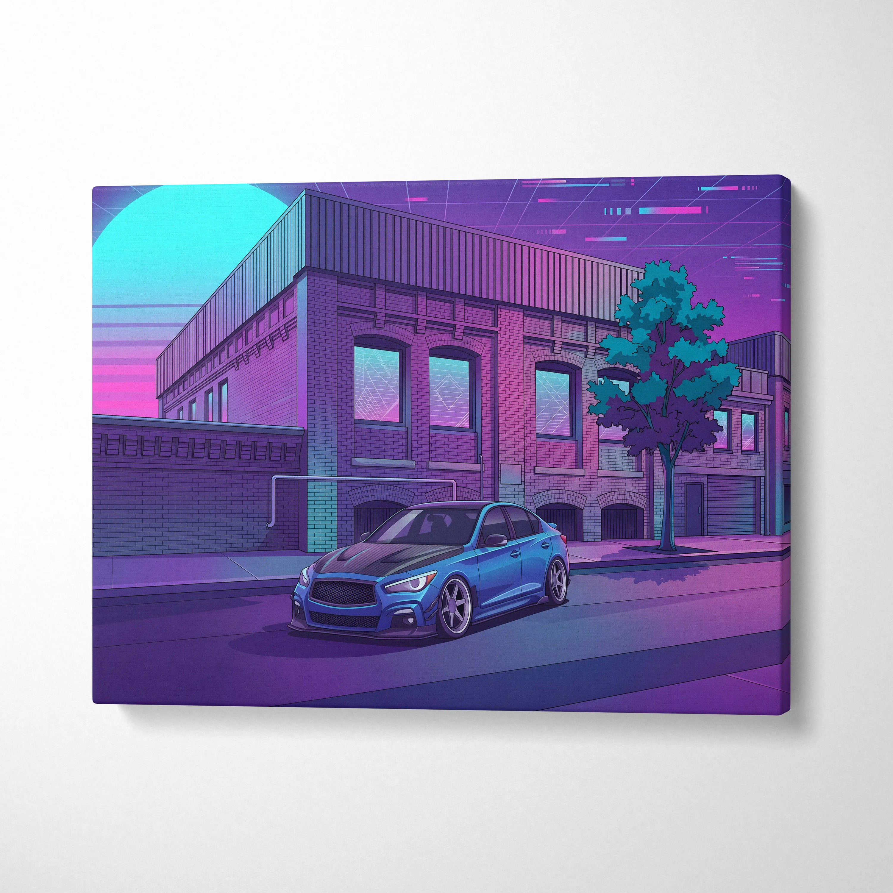 Infiniti Q50 Inspired Vaporwave Car Canvas - Car Neon Blue Purple Living Room Vaporwave Nostalgic Retrofuturism Neon City Wall Art Canvas