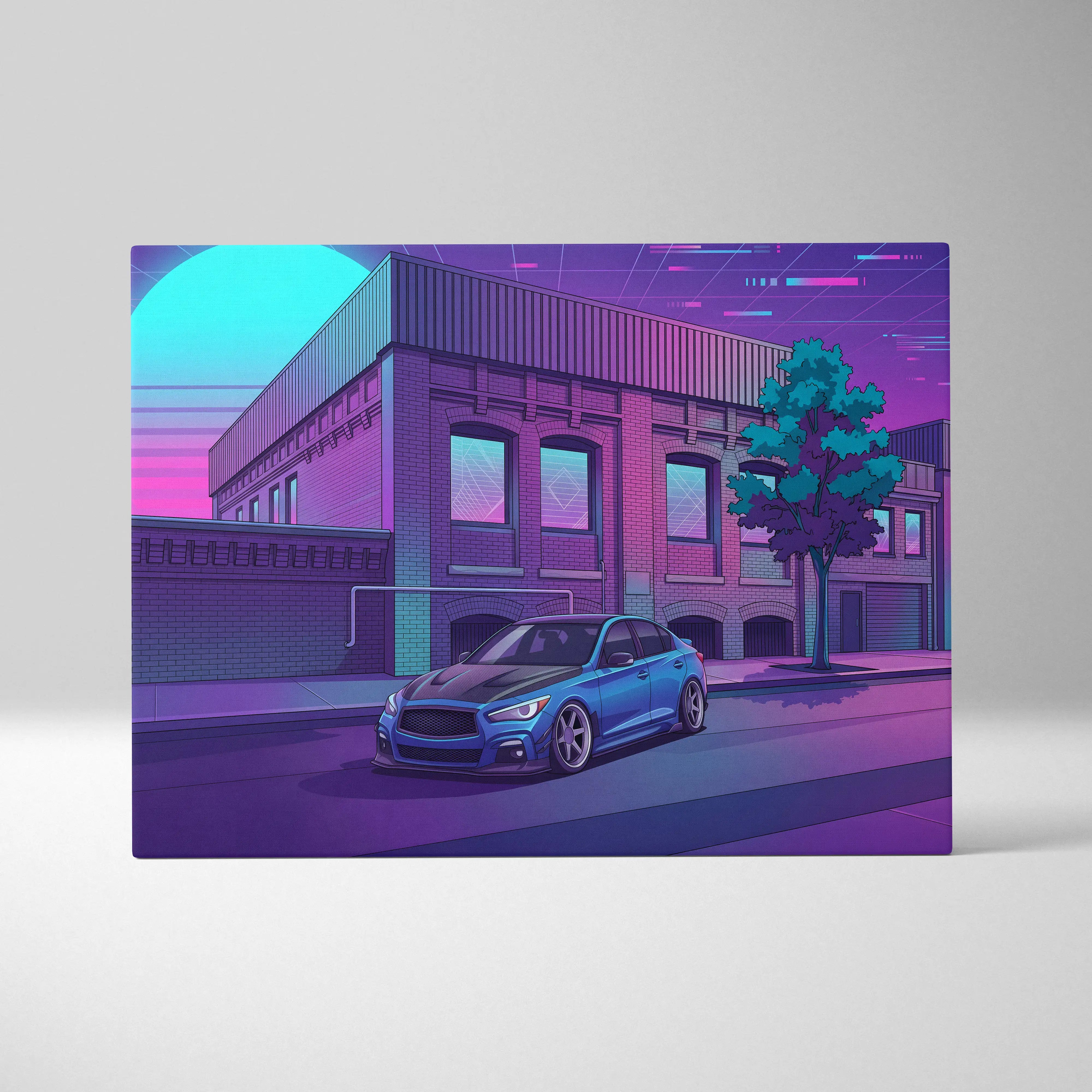 Infiniti Q50 inspired vaporwave car canvas featuring a sleek blue and black sedan under neon purple cyan sky