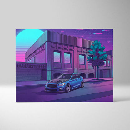 Infiniti Q50 Inspired Vaporwave Car Canvas - Car Neon Blue Purple Living Room Vaporwave Nostalgic Retrofuturism Neon City Wall Art Canvas