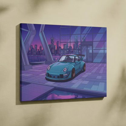 RWB Widebody Porsche 911 Inspired Neon Vaporwave City Canvas Art - Car Art Purple Teal Living Room Decor Vaporwave Canvas Print