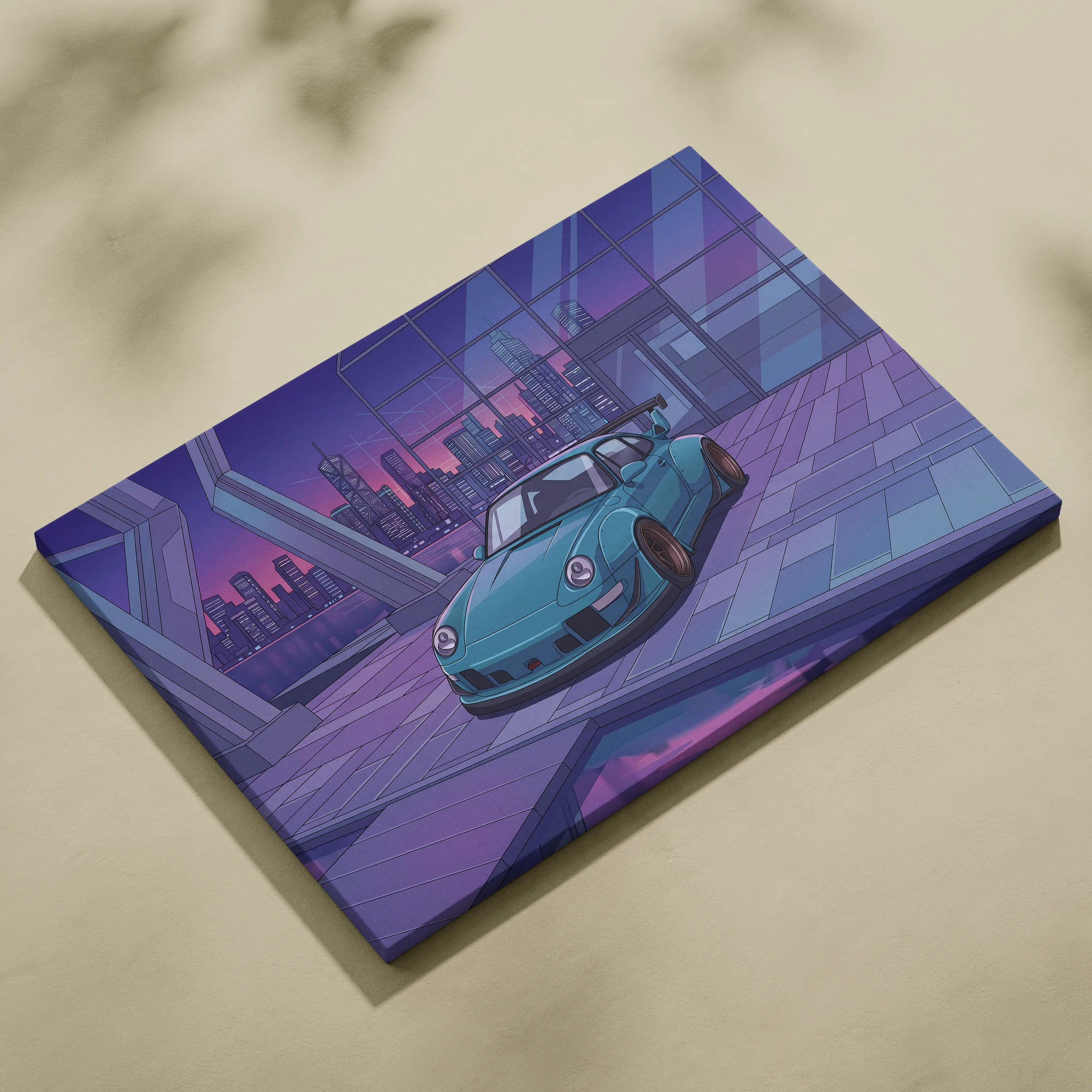 RWB Widebody Porsche 911 Inspired Neon Vaporwave City Canvas Art - Car Art Purple Teal Living Room Decor Vaporwave Canvas Print