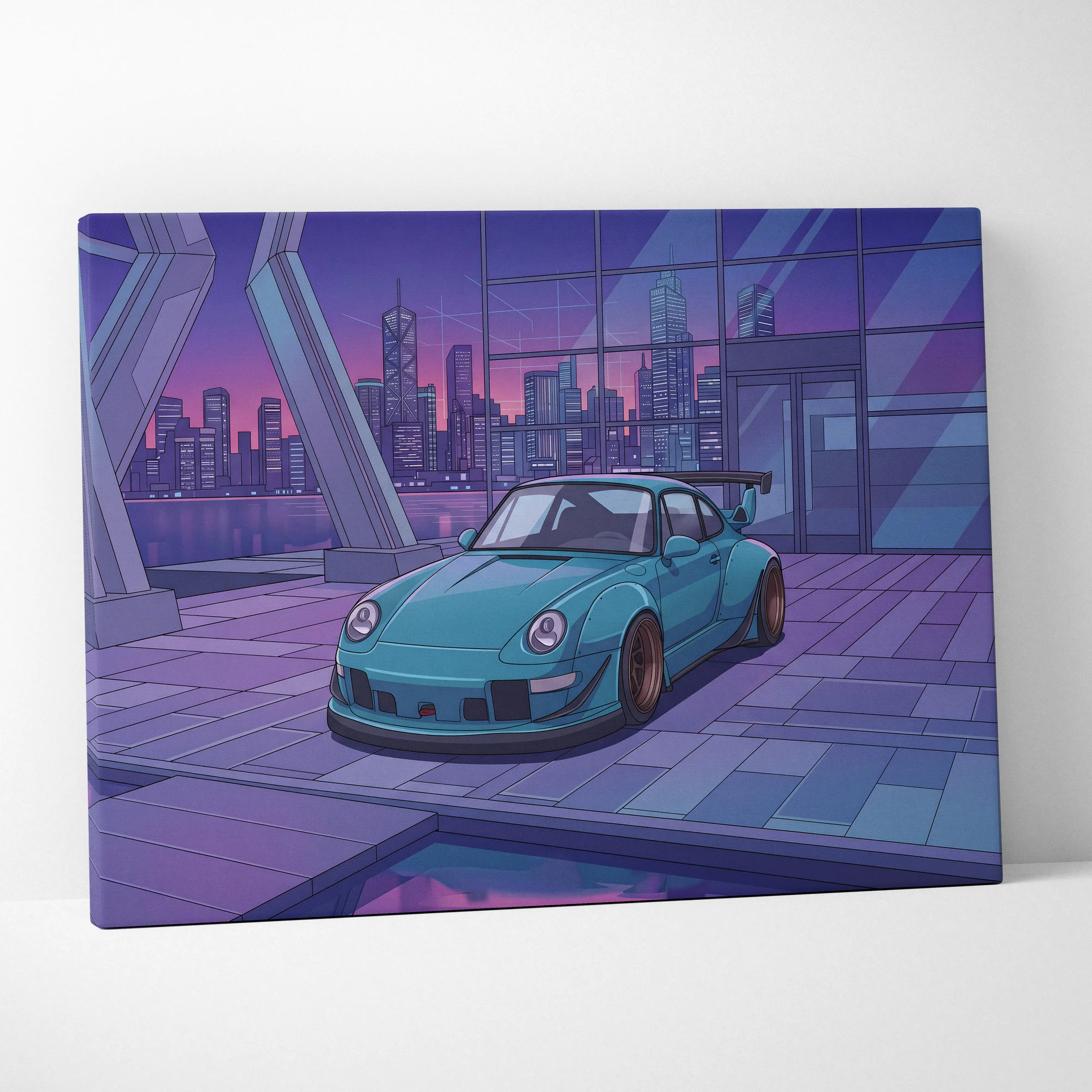 RWB Widebody Porsche 911 Inspired Neon Vaporwave City Canvas Art - Car Art Purple Teal Living Room Decor Vaporwave Canvas Print