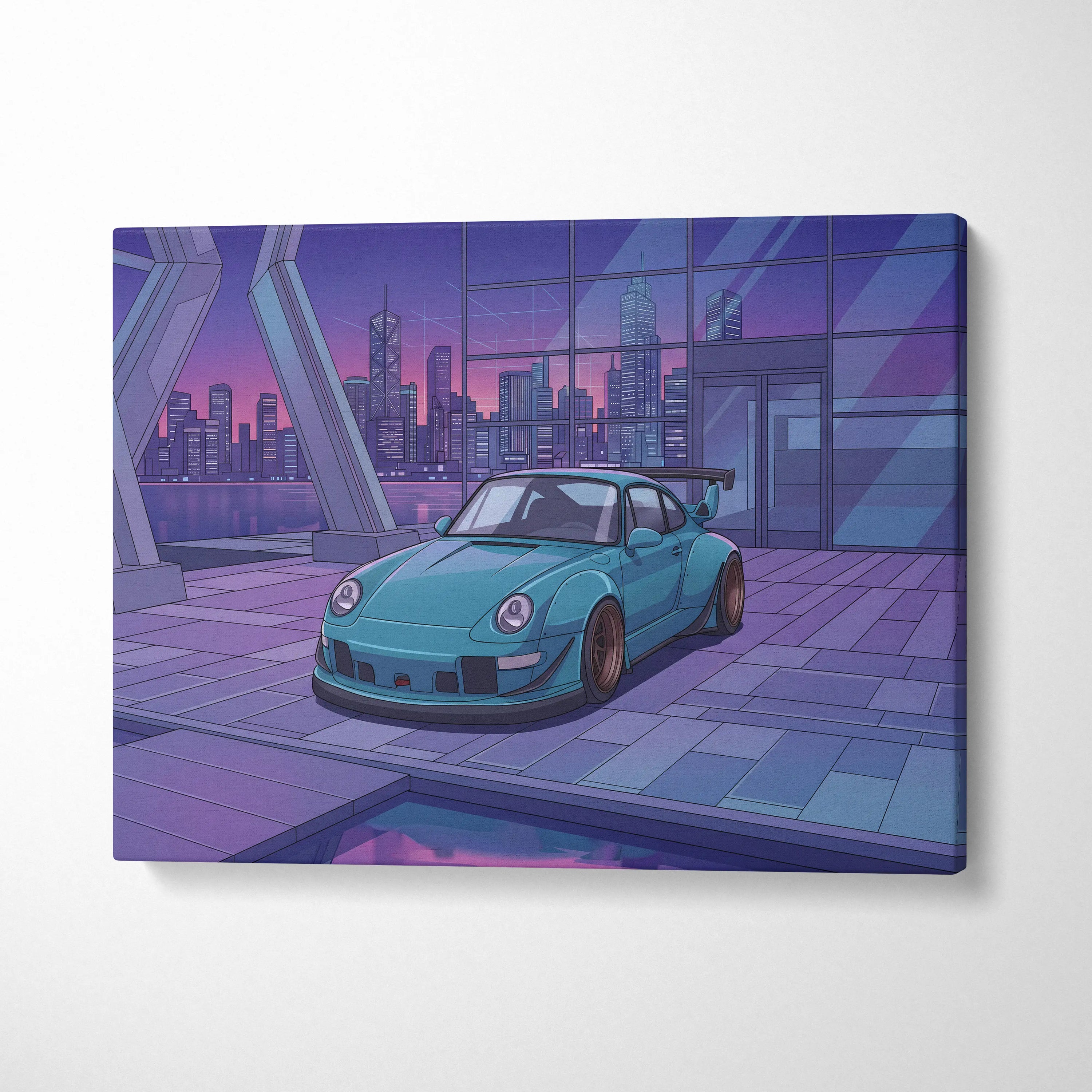 RWB Widebody Porsche 911 Inspired Neon Vaporwave City Canvas Art - Car Art Purple Teal Living Room Decor Vaporwave Canvas Print