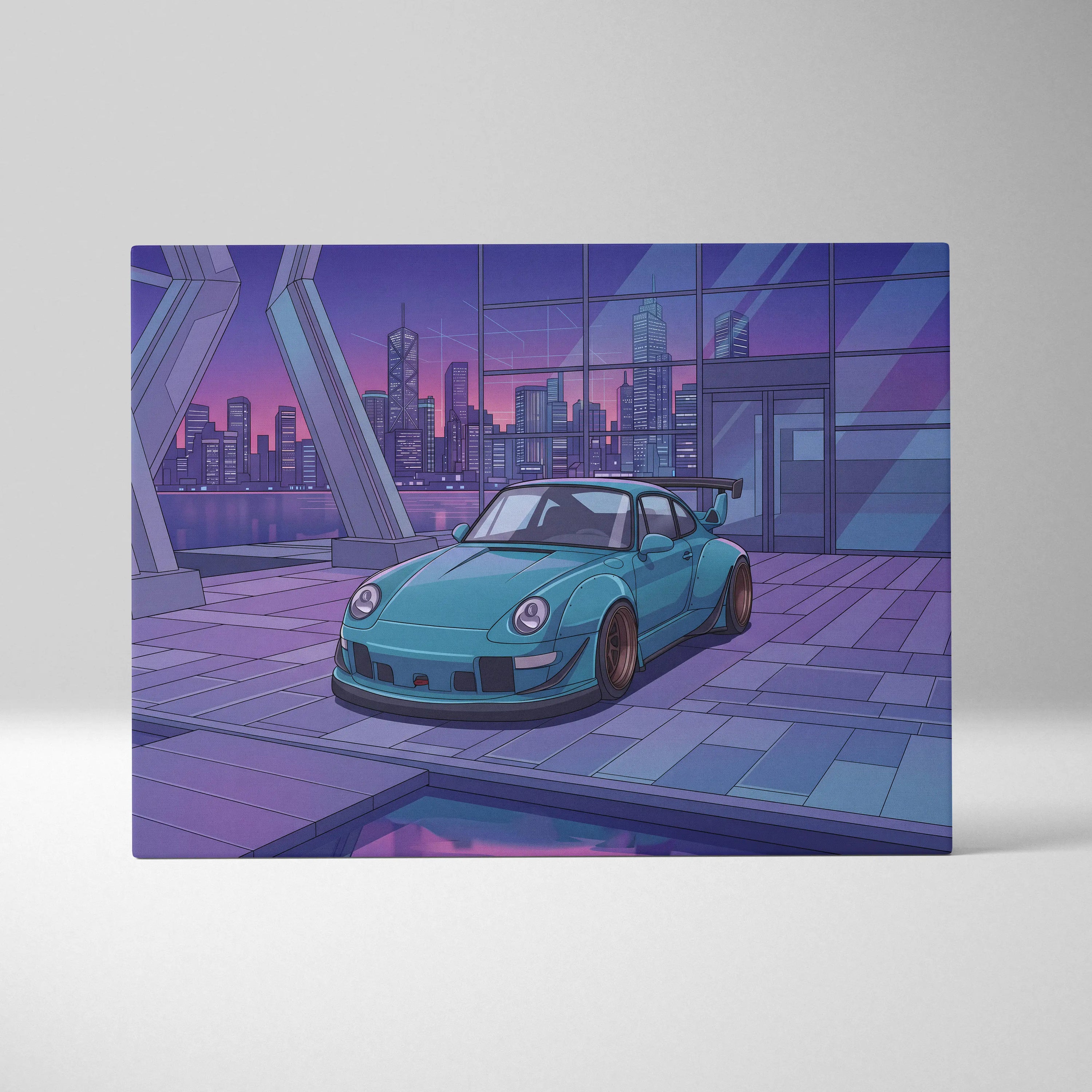 RWB Widebody Porsche 911 Inspired Neon Vaporwave City Canvas Art - Car Art Purple Teal Living Room Decor Vaporwave Canvas Print