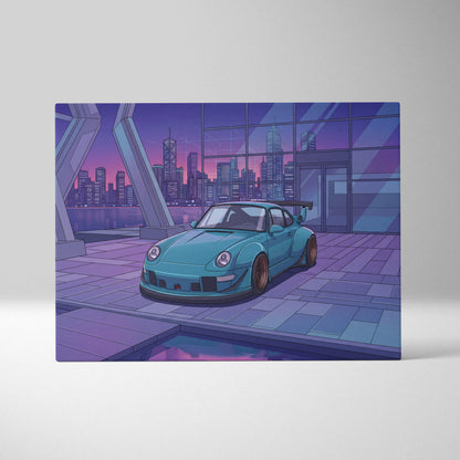 RWB Widebody Porsche 911 Inspired Neon Vaporwave City Canvas Art - Car Art Purple Teal Living Room Decor Vaporwave Canvas Print