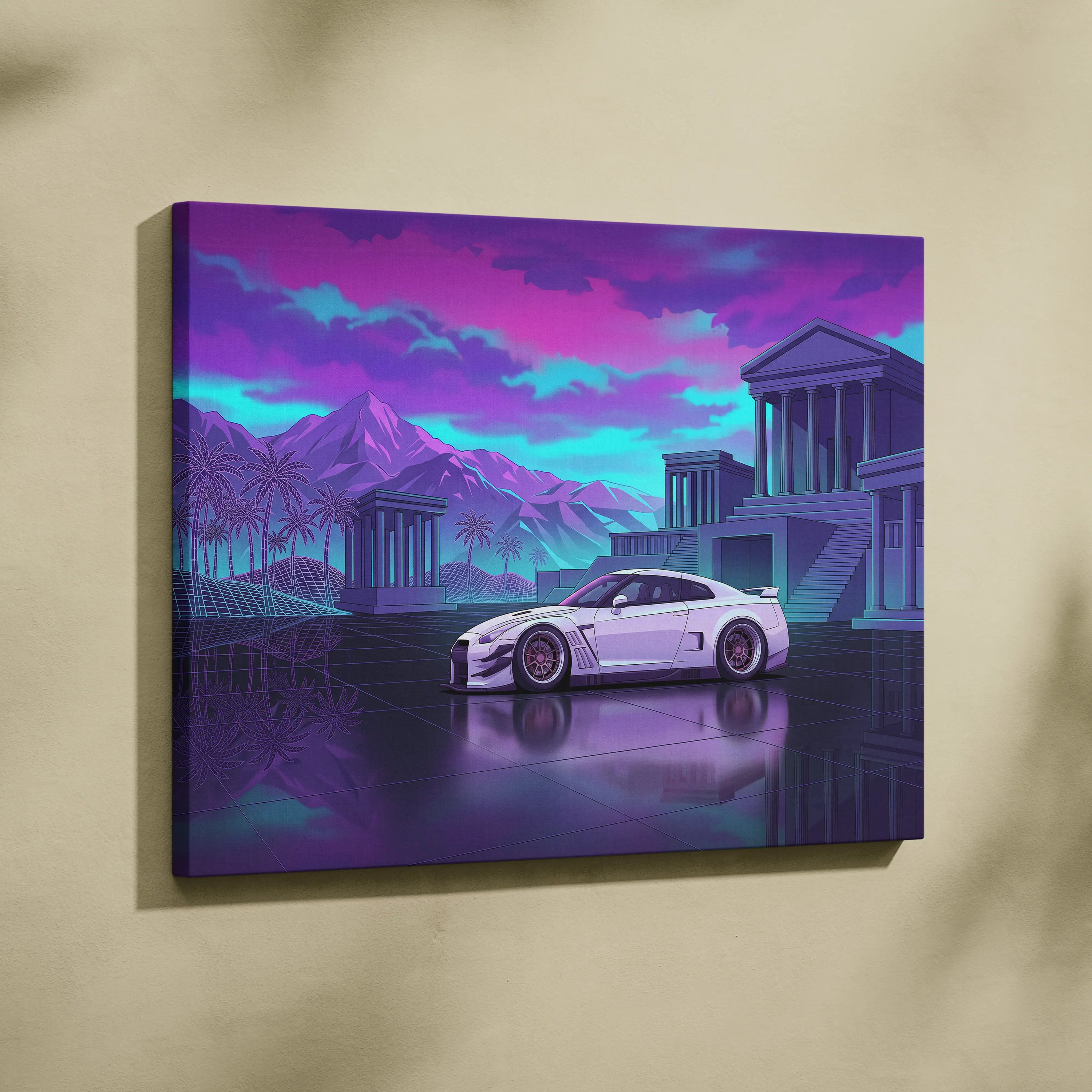 Nissan GT-R R35 Inspired Vaporwave Neon Car - Car Pink Purple Blue Living Room Vaporwave Nostalgic Futurist Canvas