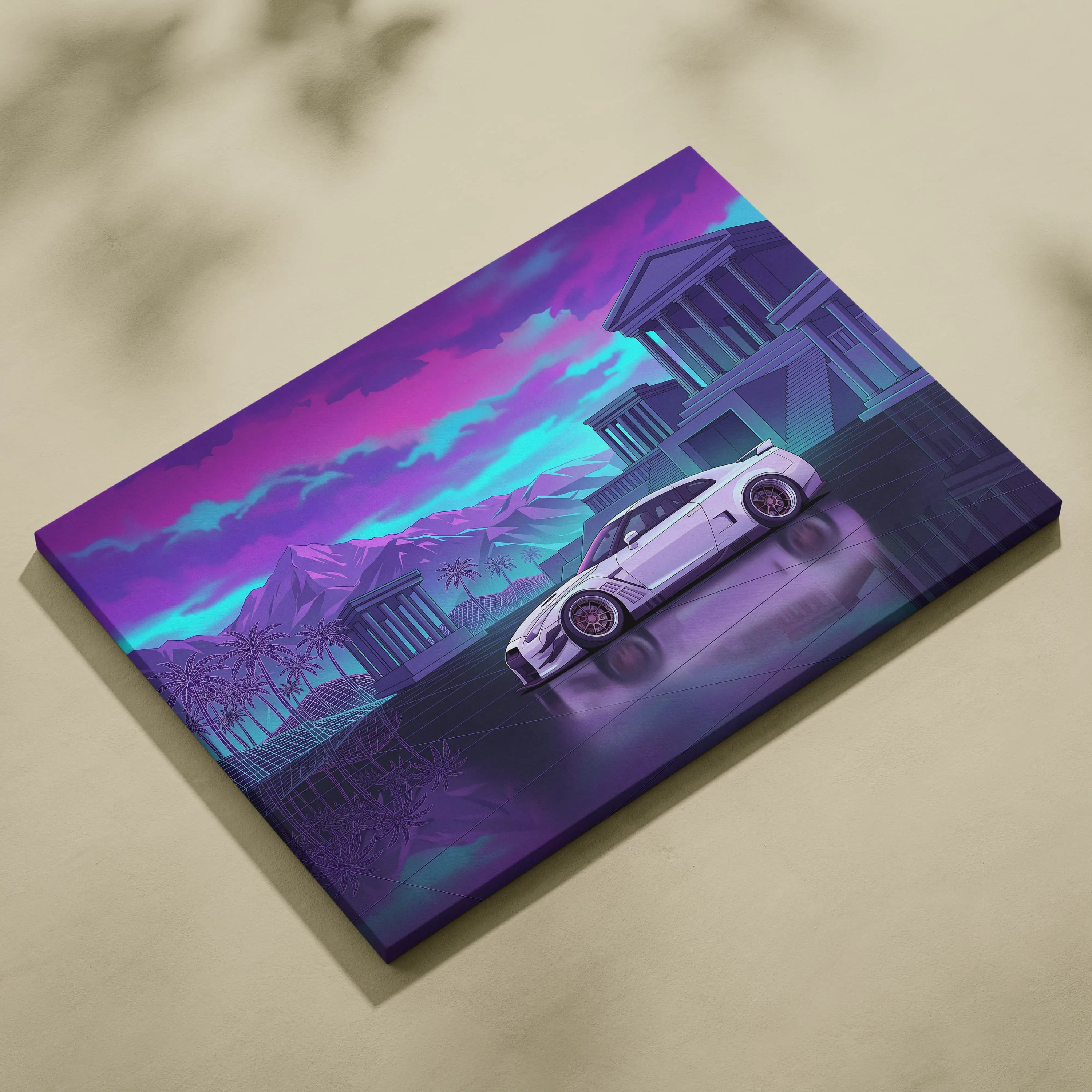 Nissan GT-R R35 Inspired Vaporwave Neon Car - Car Pink Purple Blue Living Room Vaporwave Nostalgic Futurist Canvas