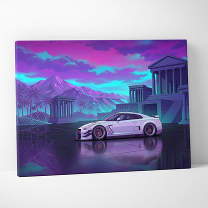 Nissan GT-R R35 Inspired Vaporwave Neon Car - Car Pink Purple Blue Living Room Vaporwave Nostalgic Futurist Canvas