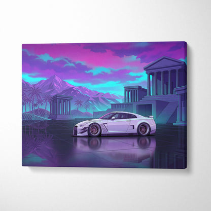 Nissan GT-R R35 Inspired Vaporwave Neon Car - Car Pink Purple Blue Living Room Vaporwave Nostalgic Futurist Canvas