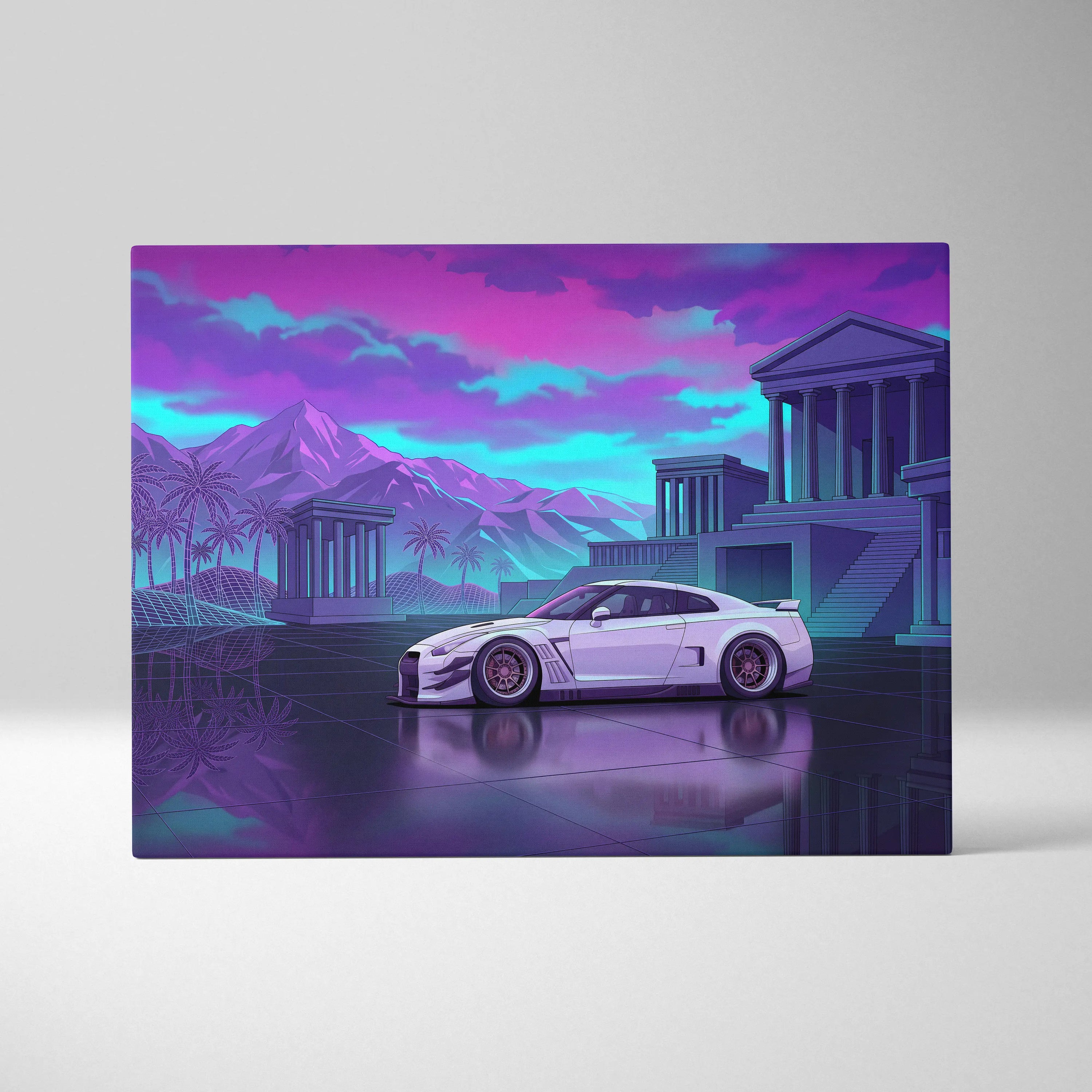 Nissan GT-R R35 Inspired Vaporwave Neon Car - Car Pink Purple Blue Living Room Vaporwave Nostalgic Futurist Canvas