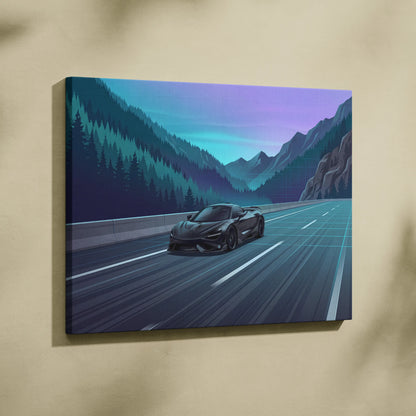 McLaren 765LT Inspired Neon Highway Vaporwave Canvas - Car Art Neon Blue Teal Purple Living Room Retro-Futurist Energetic Nostalgic Mood Modern Decor Wall Art Canvas