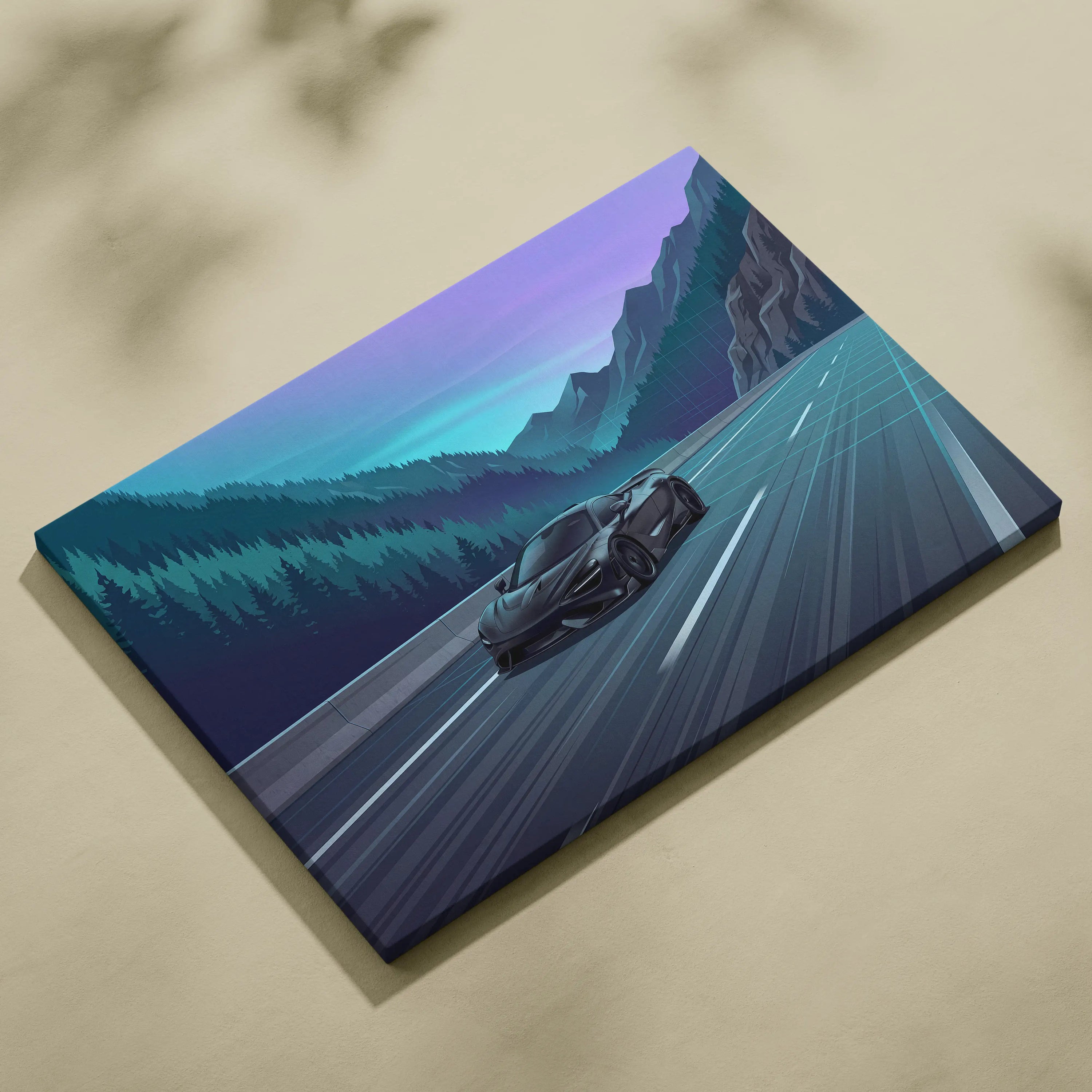McLaren 765LT Inspired Neon Highway Vaporwave Canvas - Car Art Neon Blue Teal Purple Living Room Retro-Futurist Energetic Nostalgic Mood Modern Decor Wall Art Canvas