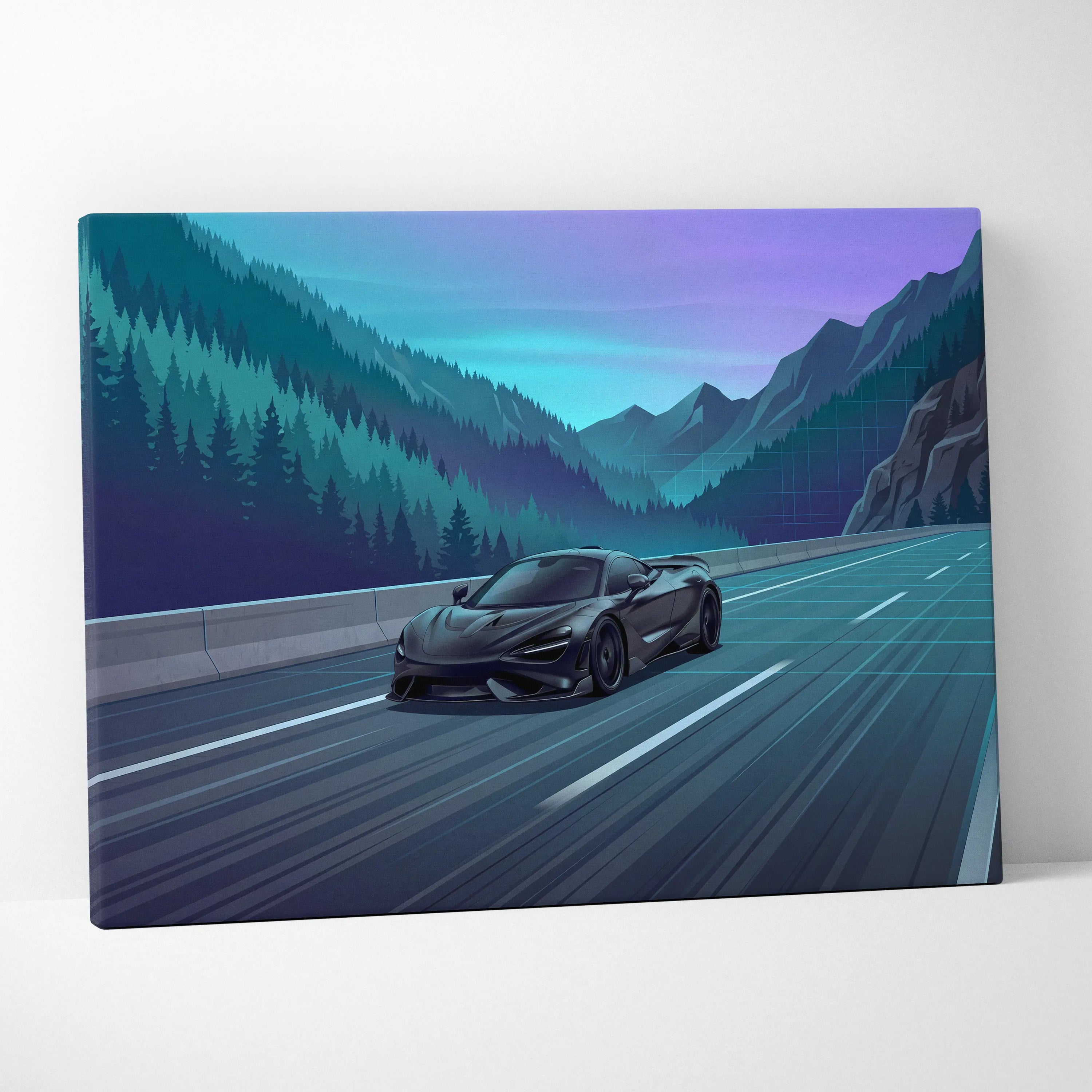 McLaren 765LT Inspired Neon Highway Vaporwave Canvas - Car Art Neon Blue Teal Purple Living Room Retro-Futurist Energetic Nostalgic Mood Modern Decor Wall Art Canvas