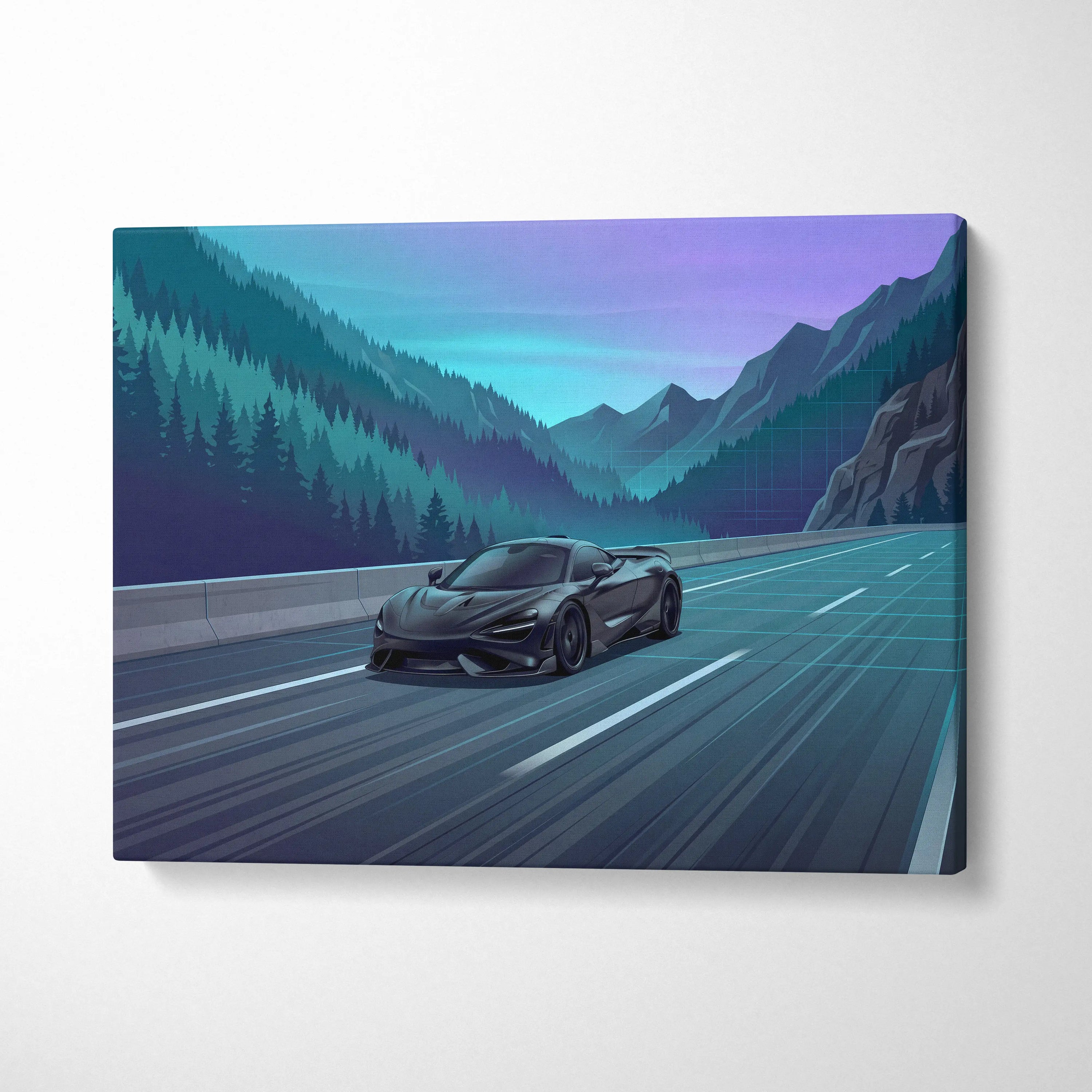 McLaren 765LT Inspired Neon Highway Vaporwave Canvas - Car Art Neon Blue Teal Purple Living Room Retro-Futurist Energetic Nostalgic Mood Modern Decor Wall Art Canvas