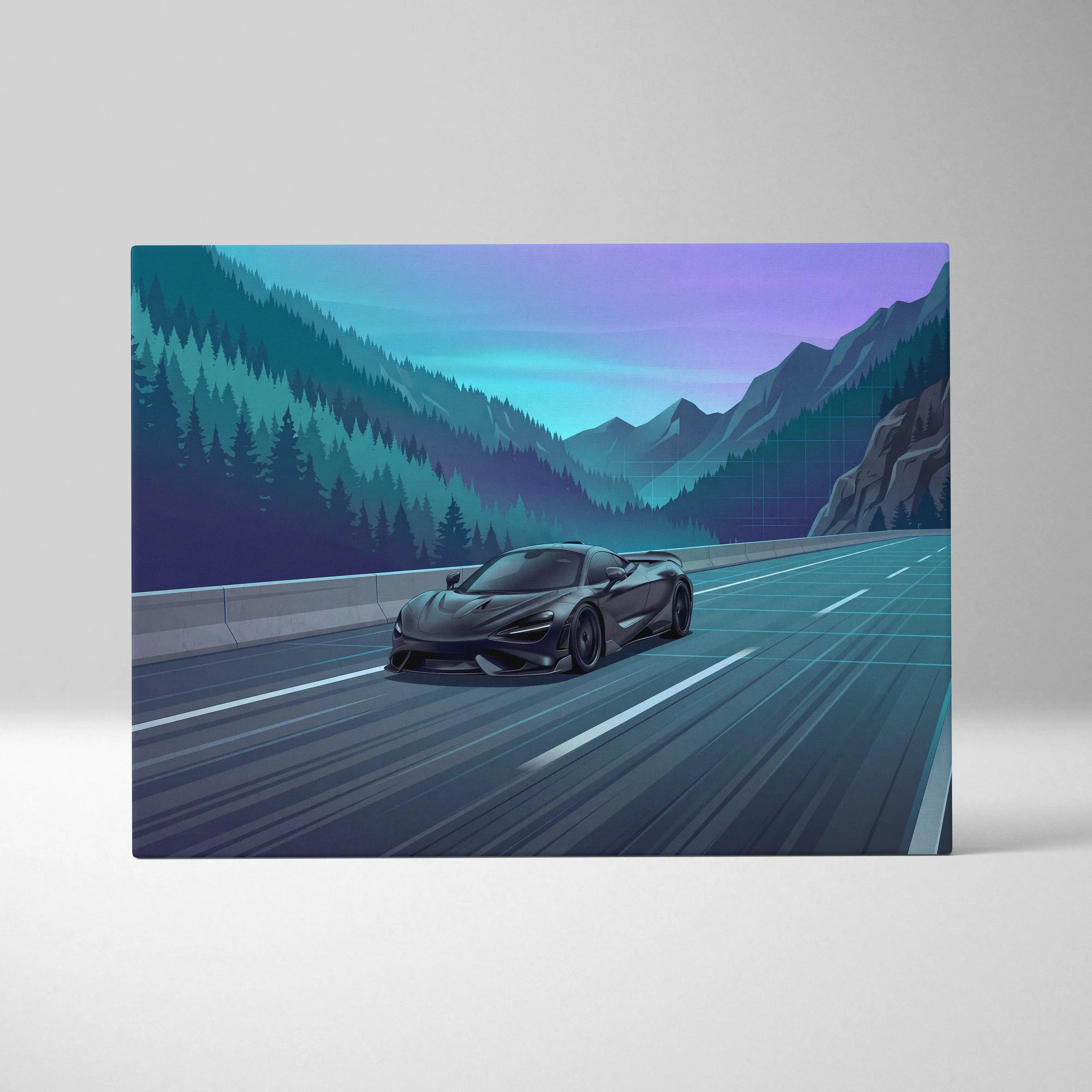 McLaren 765LT Inspired Neon Highway Vaporwave Canvas - Car Art Neon Blue Teal Purple Living Room Retro-Futurist Energetic Nostalgic Mood Modern Decor Wall Art Canvas