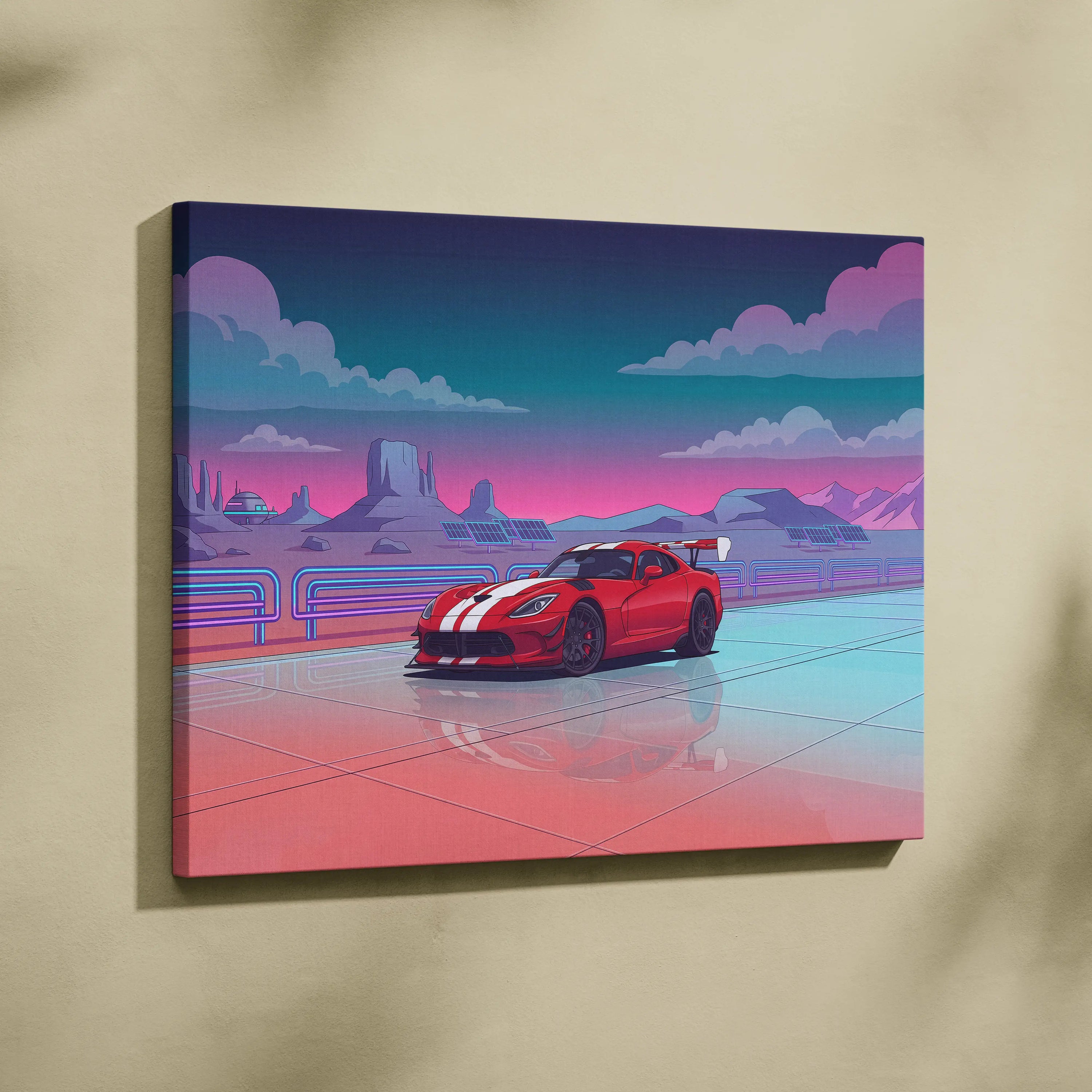 Dodge Viper ACR Inspired Neon Vaporwave Car Art - Pink Teal Car Art For Living Room Decor Retro Futurism Canvas Mood