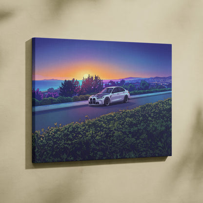 BMW M3 Inspired Vaporwave Car Canvas - Vaporwave Car Art Neon Sunset Living Room Retro Futurism Nostalgic Mood Canvas Print